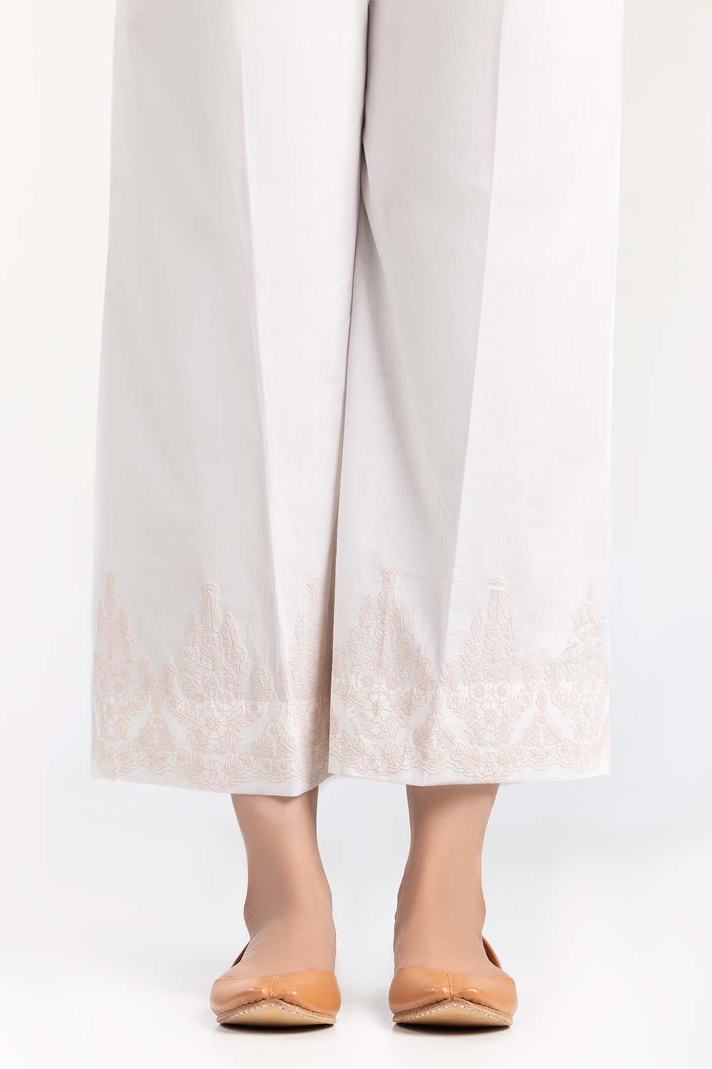 White Screen Printed Raw Silk Trousers