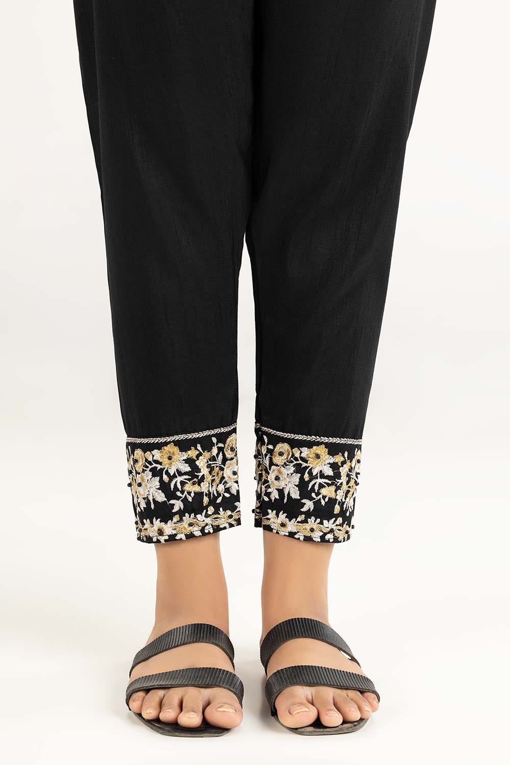 Black Raw Silk Embroidered Trousers