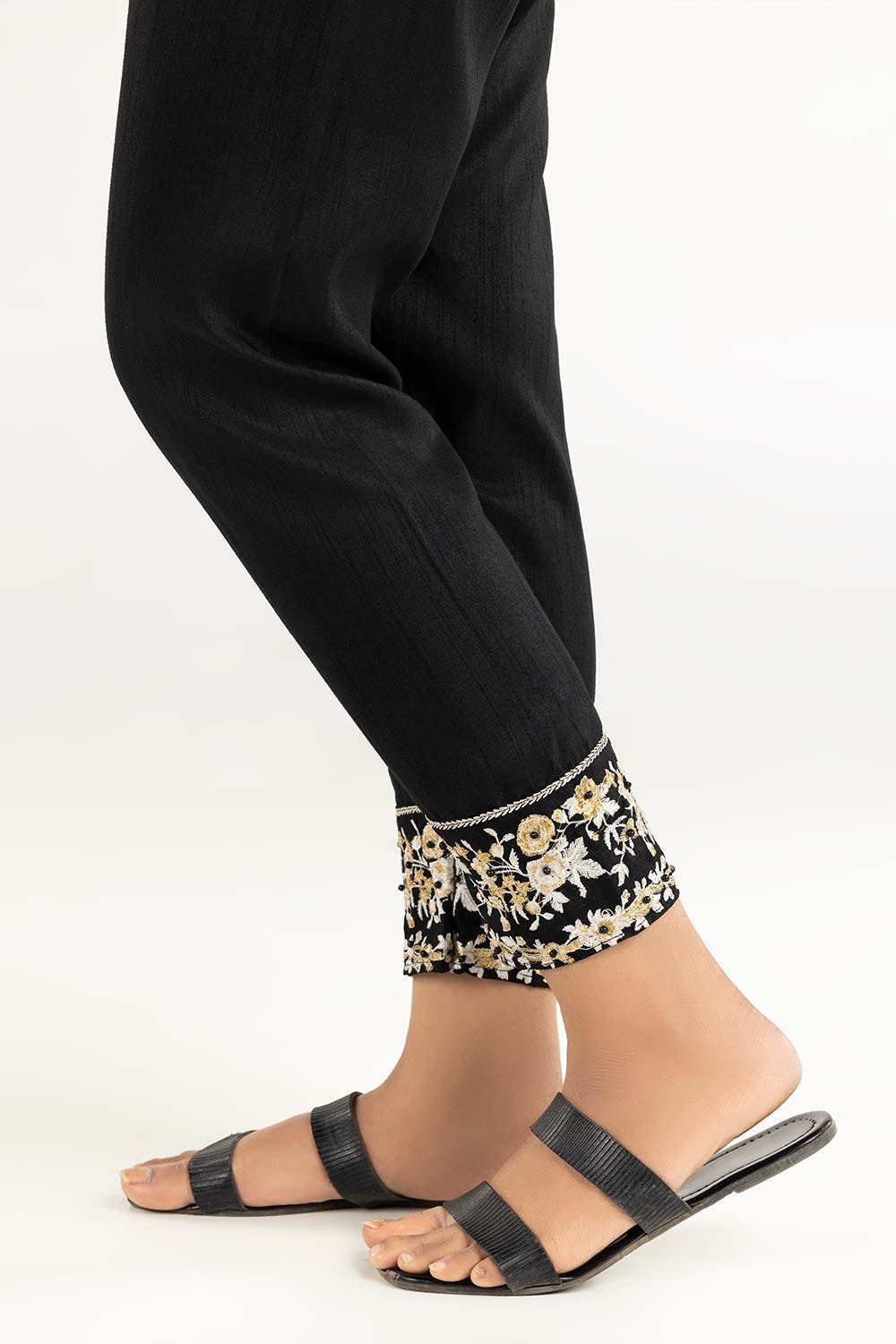 Black Raw Silk Embroidered Trousers