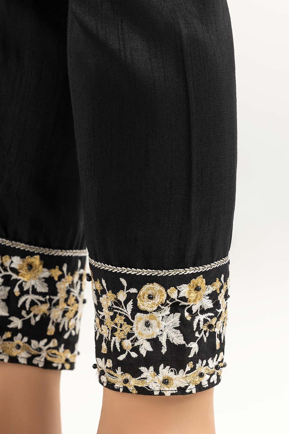 Black Raw Silk Embroidered Trousers