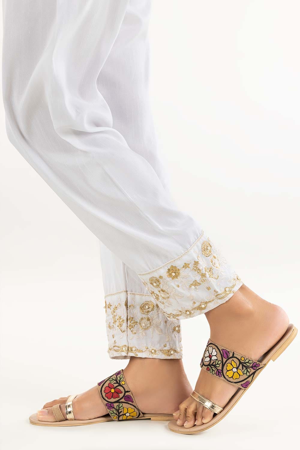 Off White Raw Silk Embroidered Trousers