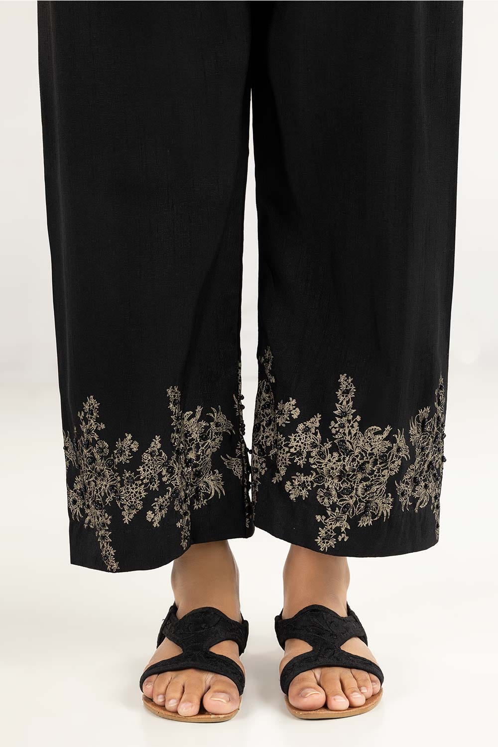 Black Raw Silk Screen Printed Trousers