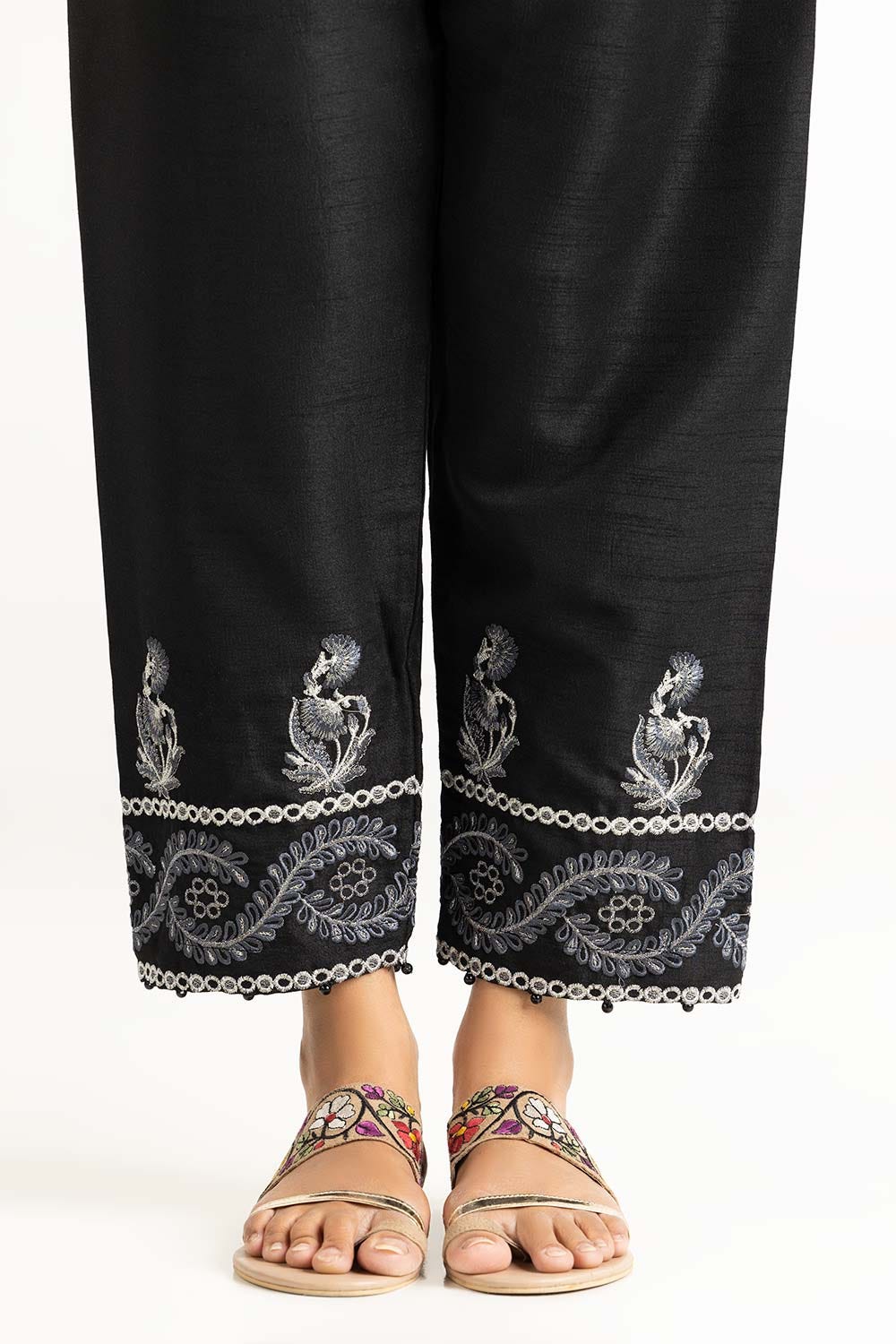 Black Raw Silk Embroidered Trousers