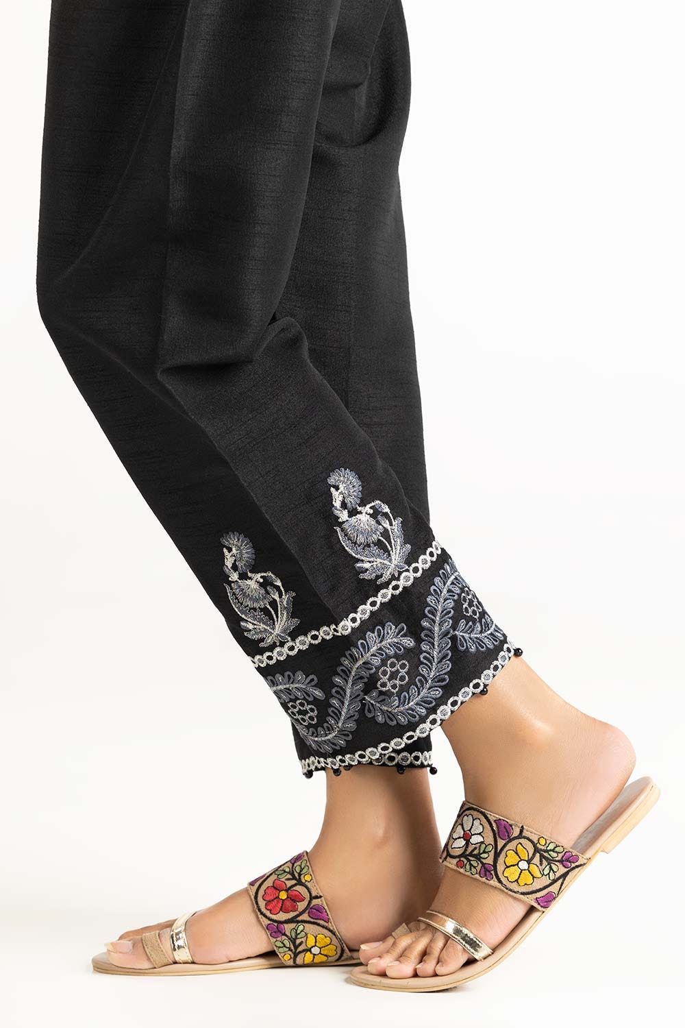 Black Raw Silk Embroidered Trousers