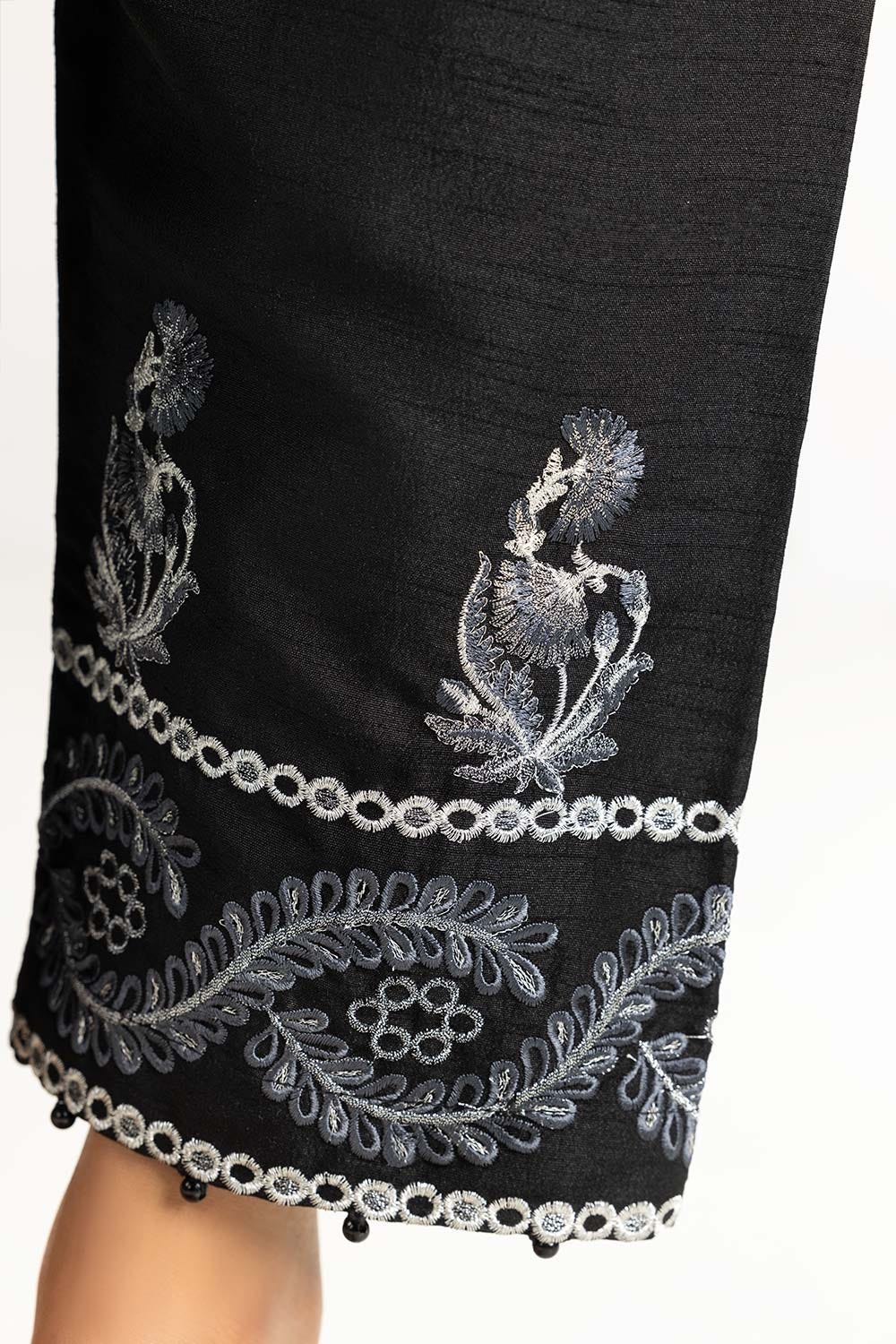 Black Raw Silk Embroidered Trousers