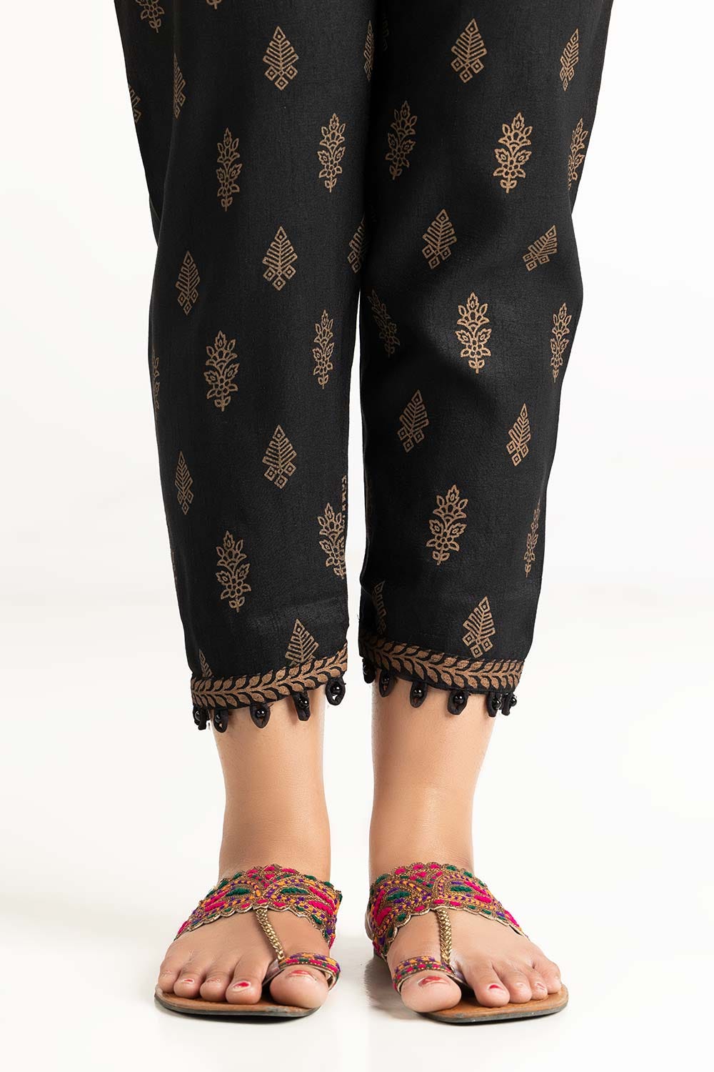 Black Raw Silk Screen Printed Trousers
