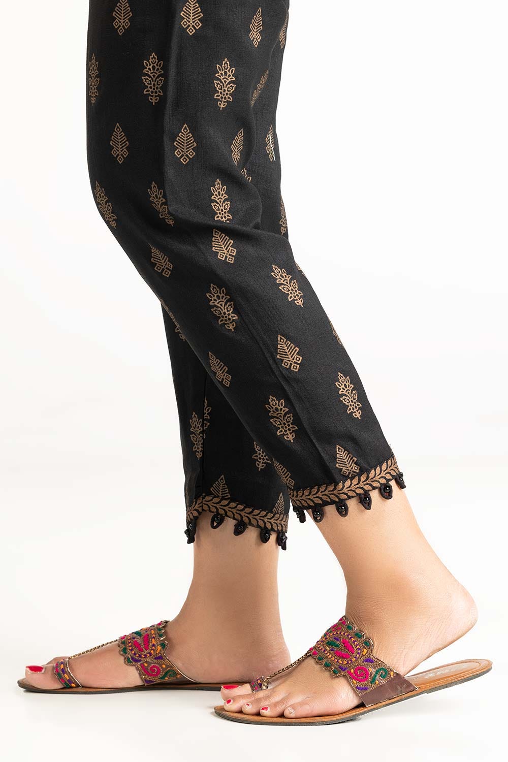 Black Raw Silk Screen Printed Trousers