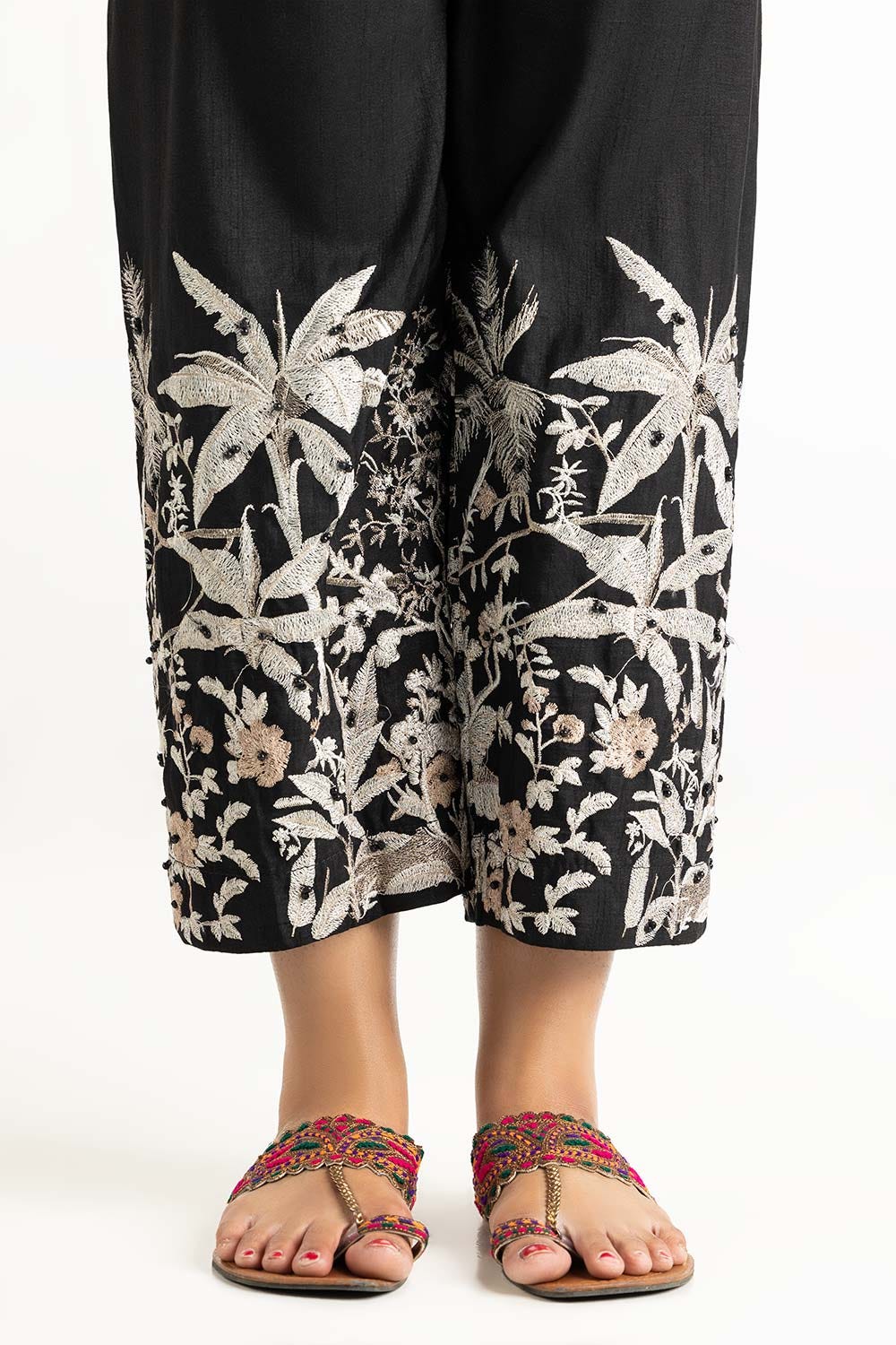 Black Raw Silk Embroidered Trousers