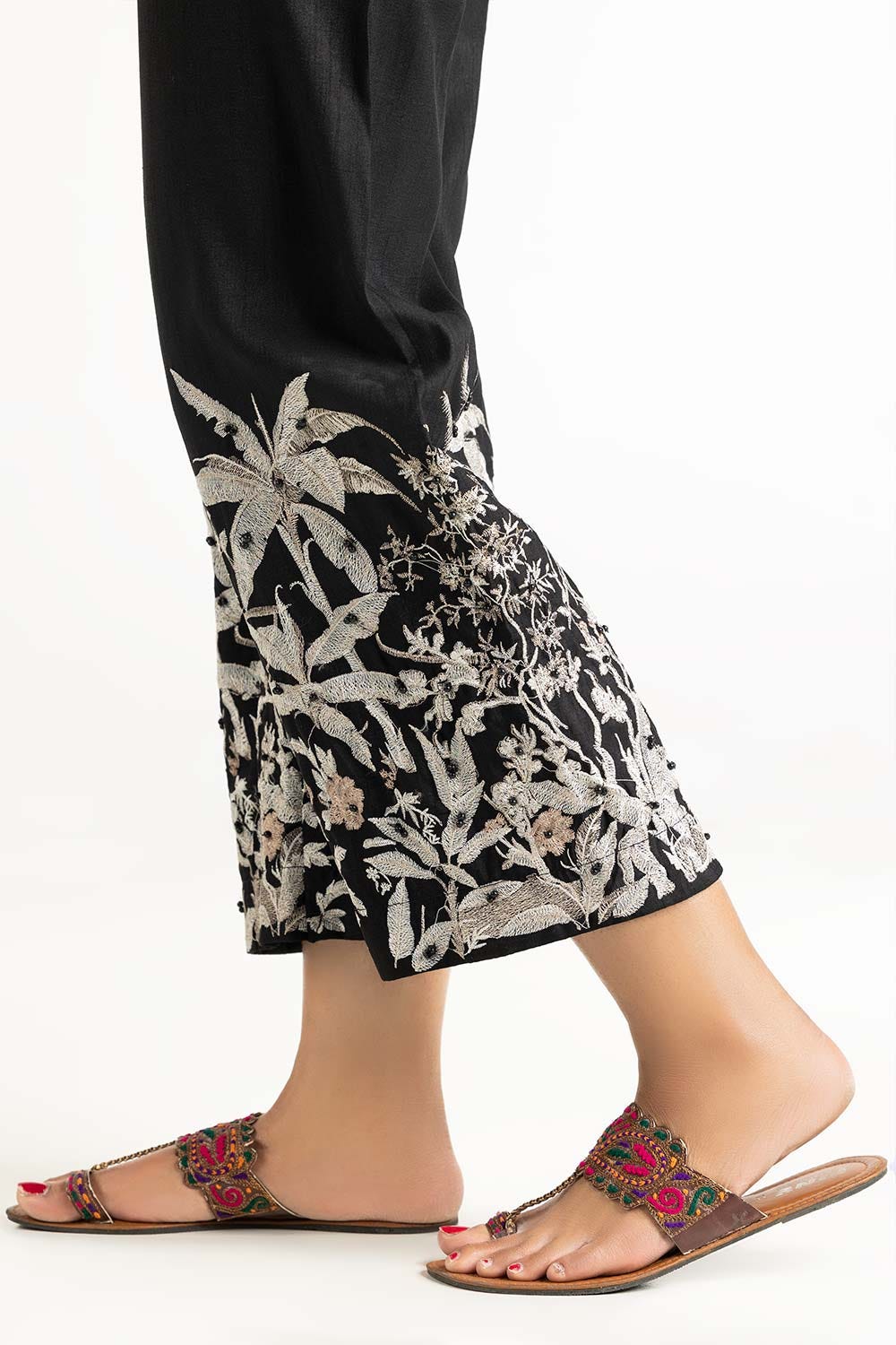 Black Raw Silk Embroidered Trousers