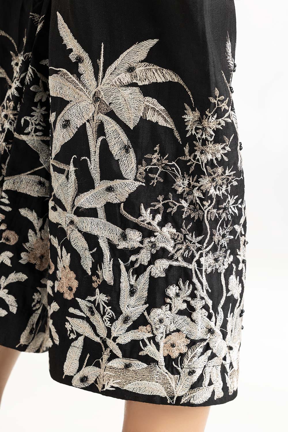 Black Raw Silk Embroidered Trousers