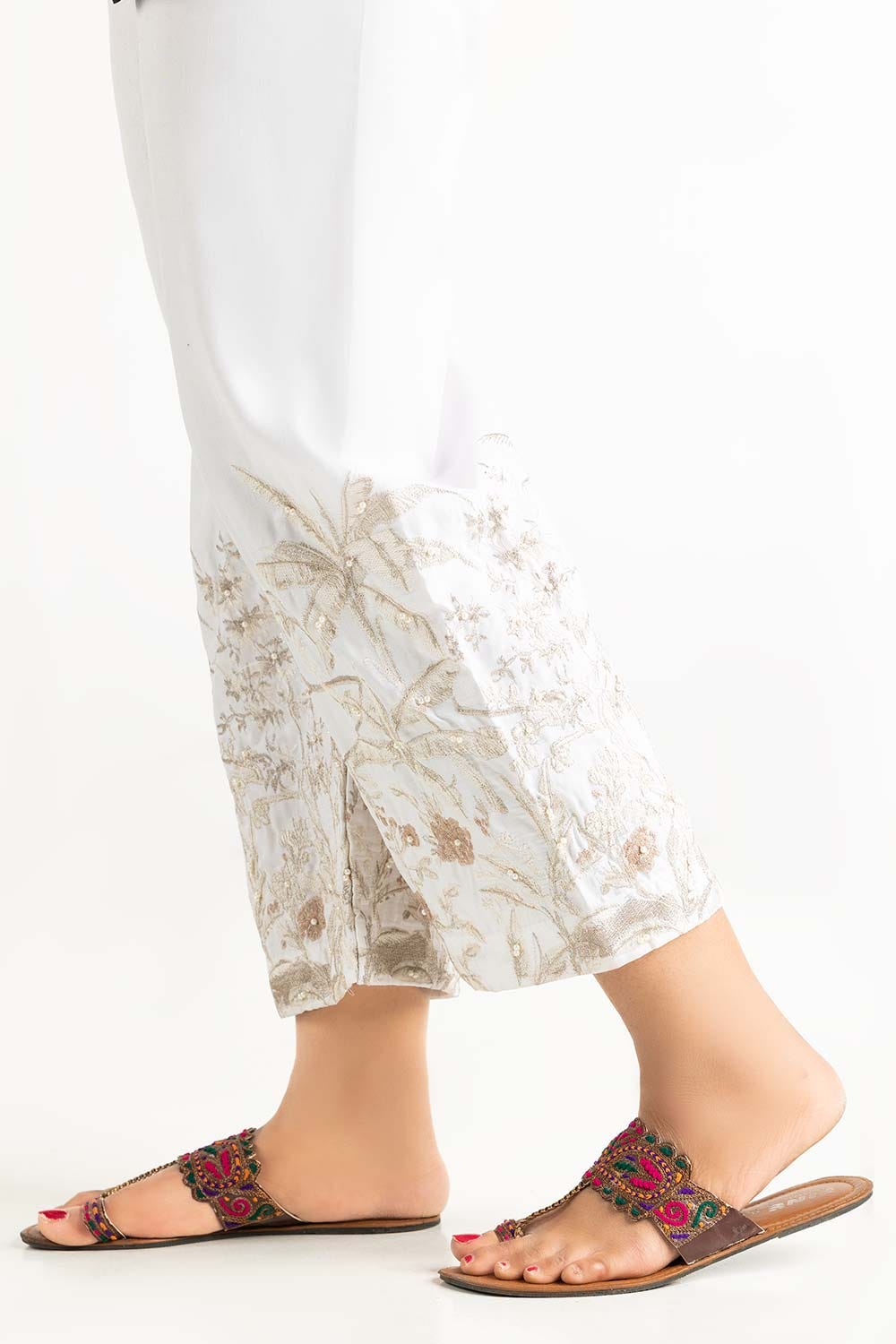 Off White Raw Silk Embroidered Trousers