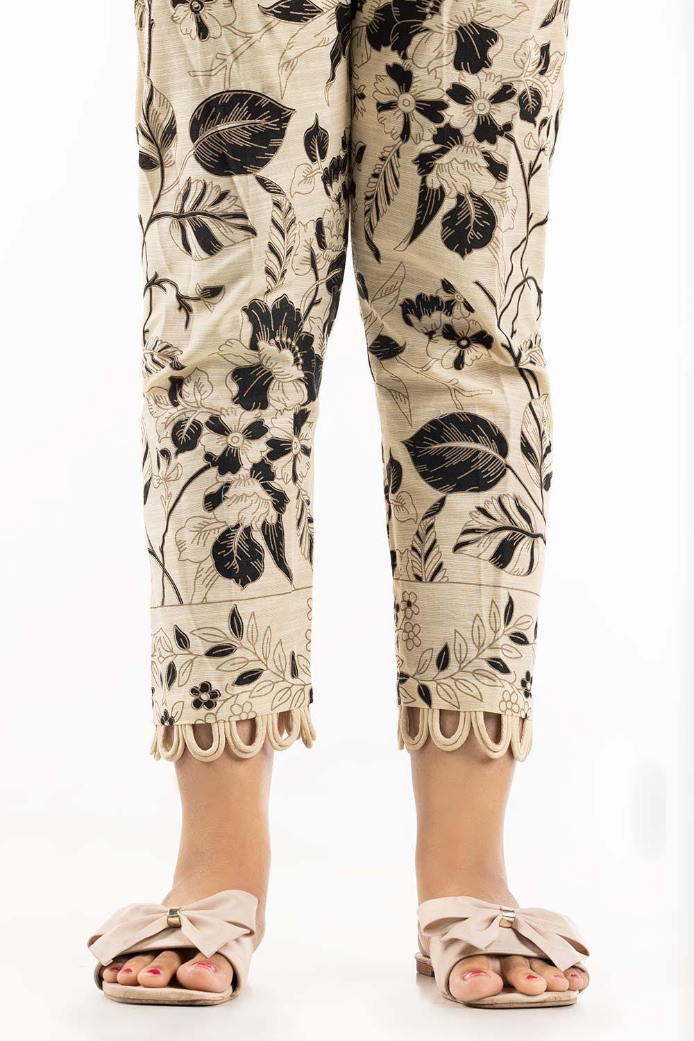Beige Khaddar Screen Print Trousers