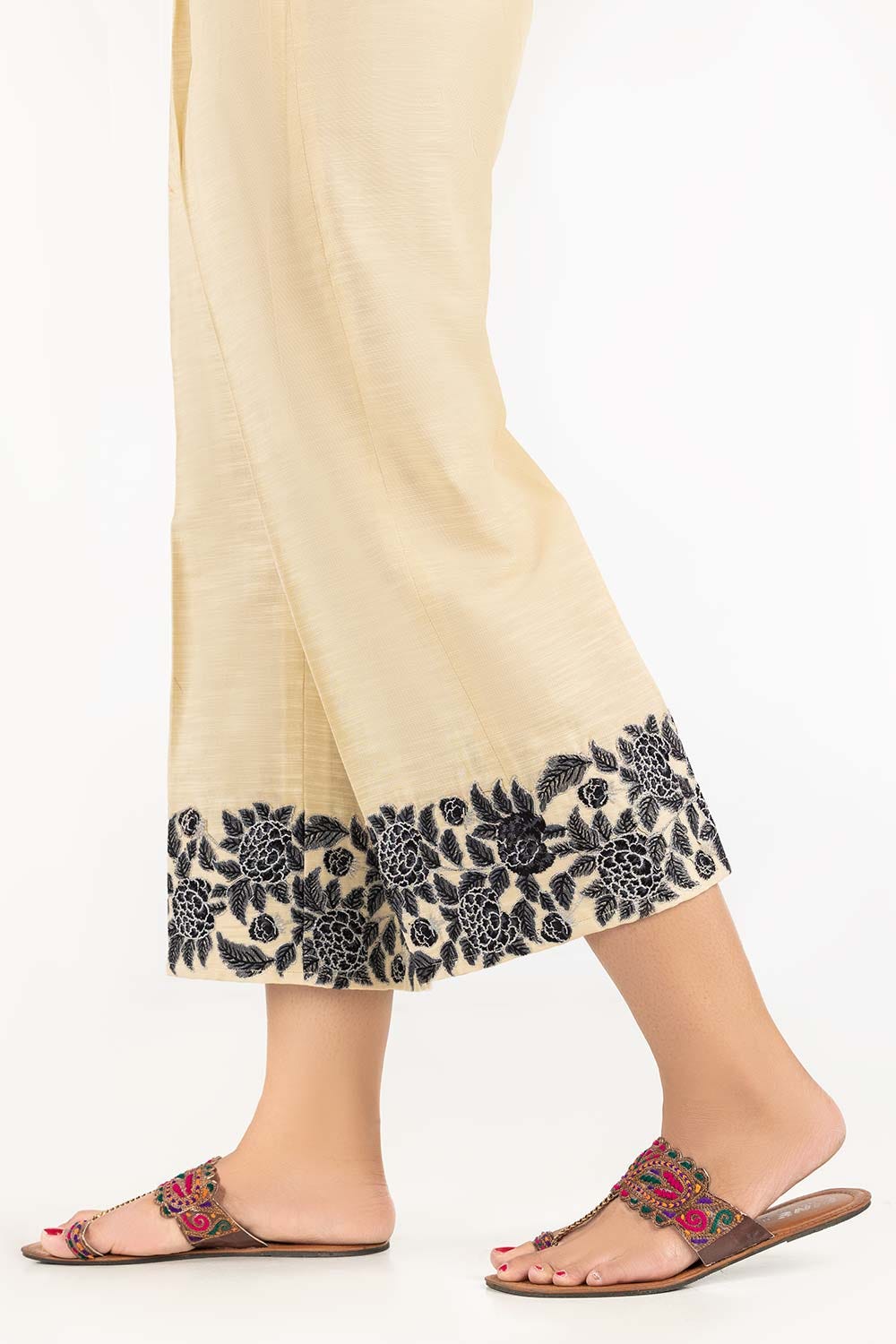 Beige Khaddar Embroidered Trousers