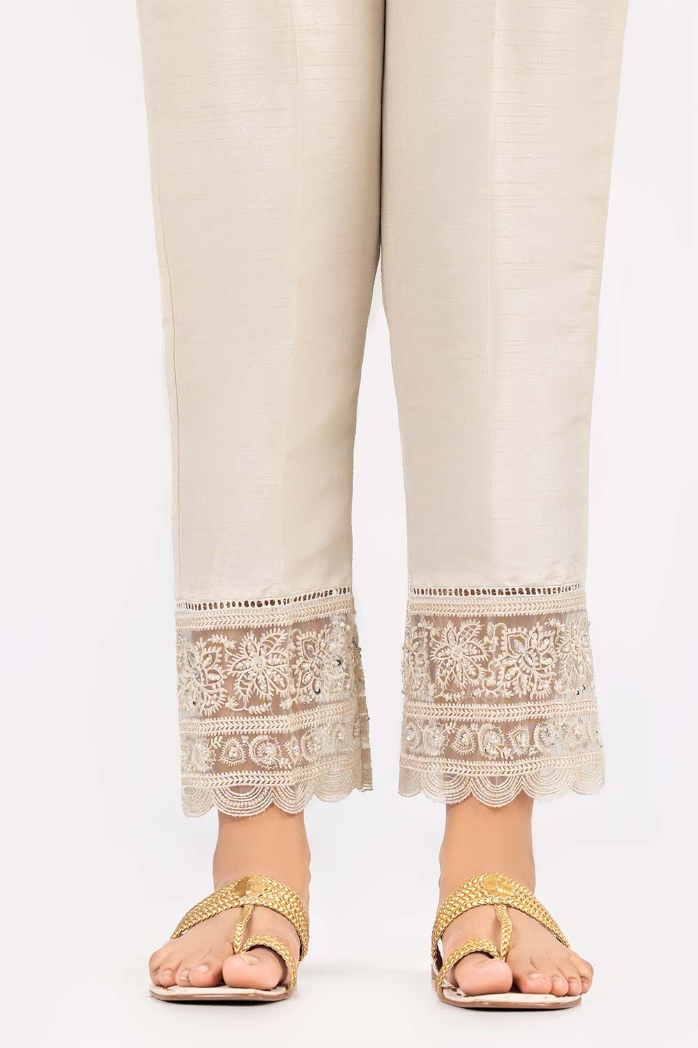 White Raw Silk Embroidered Trousers