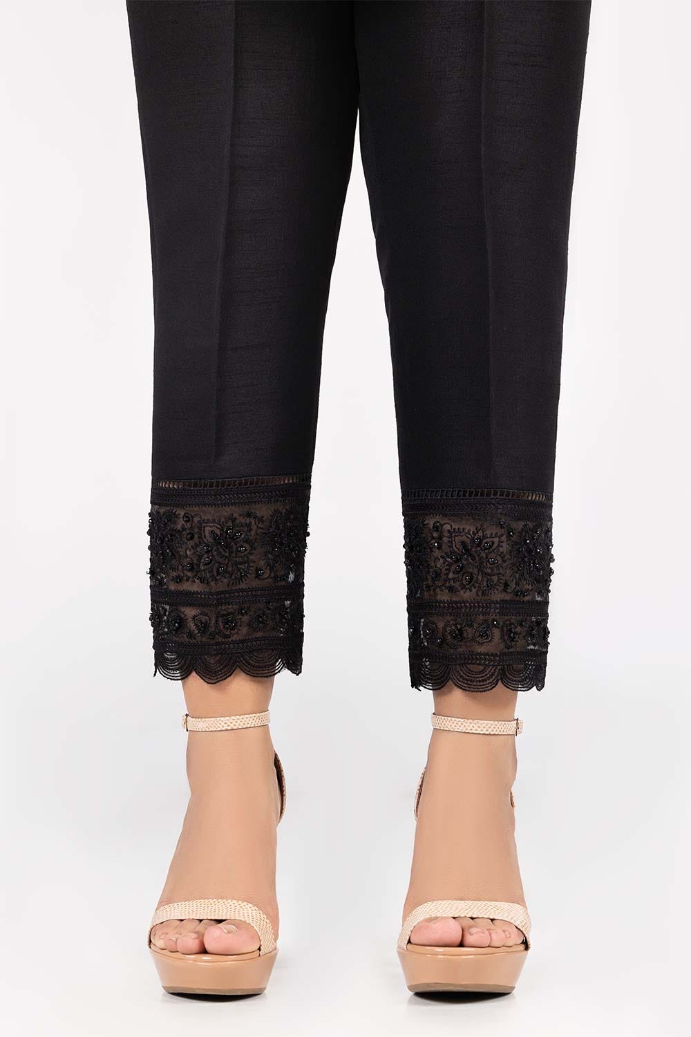 Black Raw Silk Embroidered Trousers