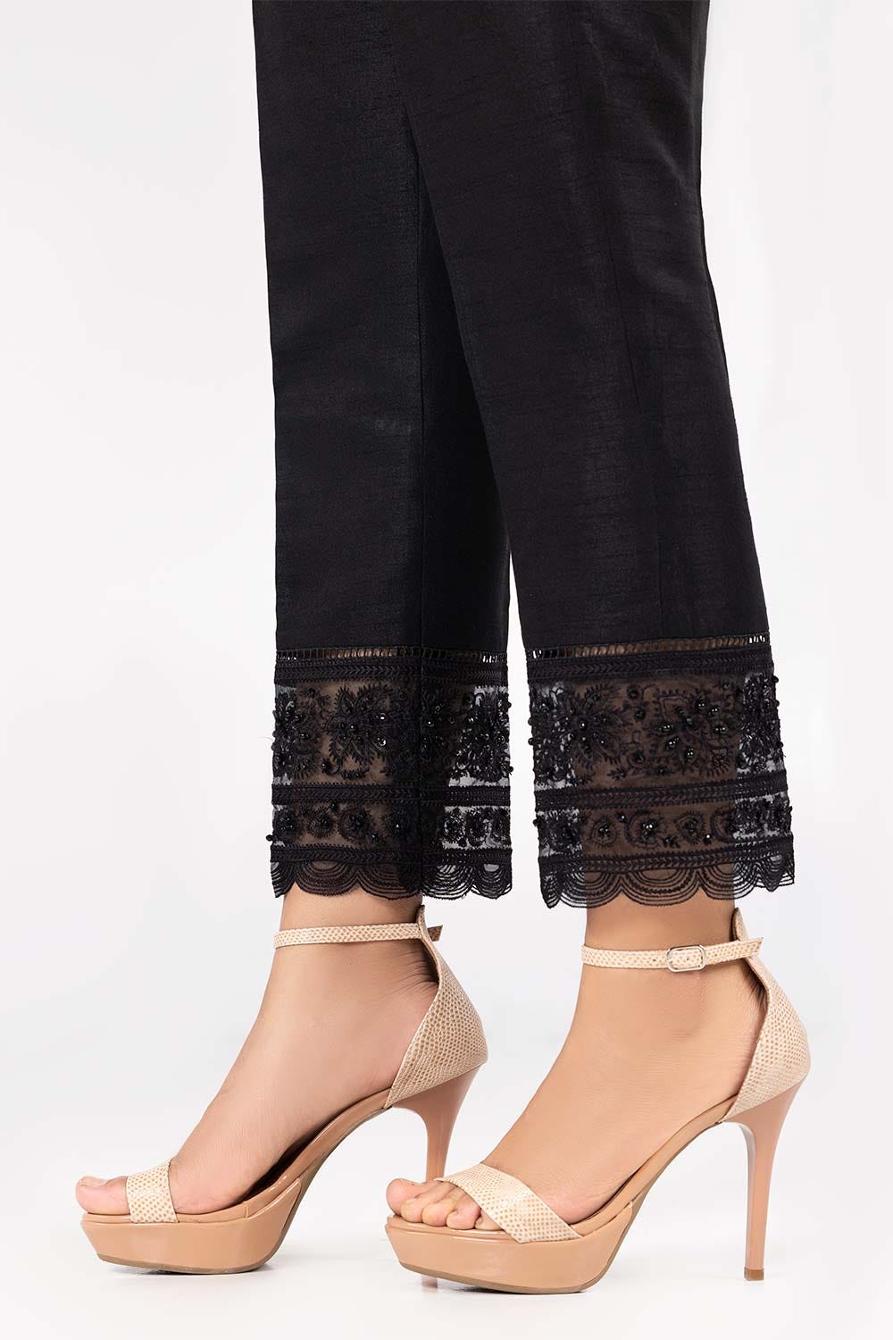 Black Raw Silk Embroidered Trousers