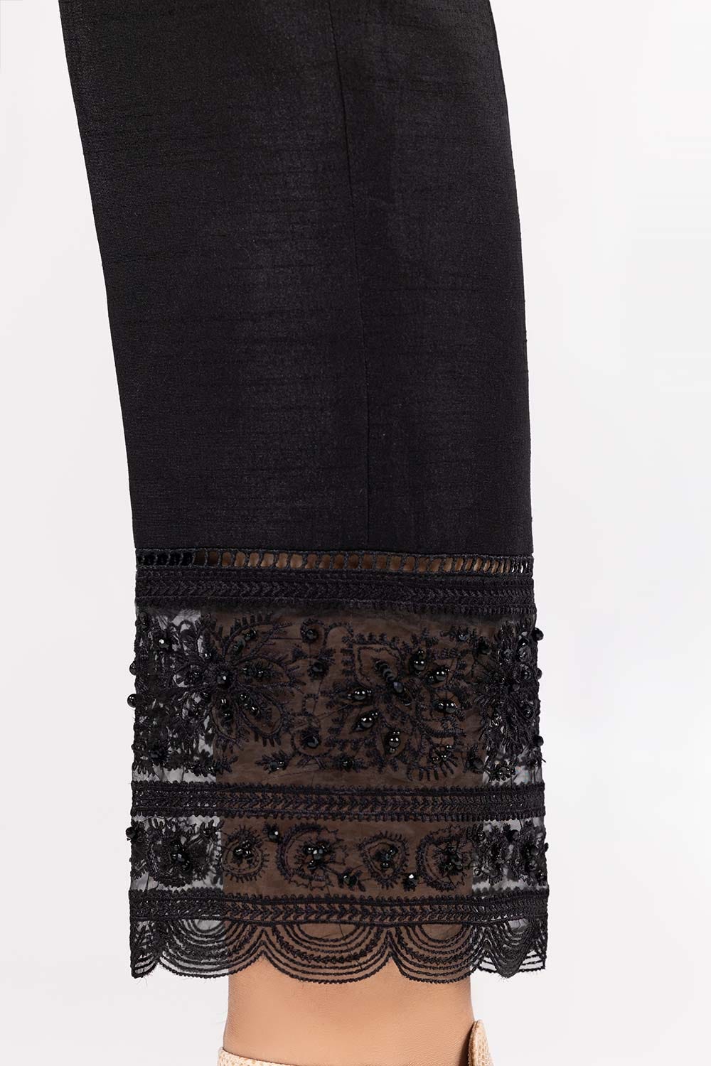 Black Raw Silk Embroidered Trousers