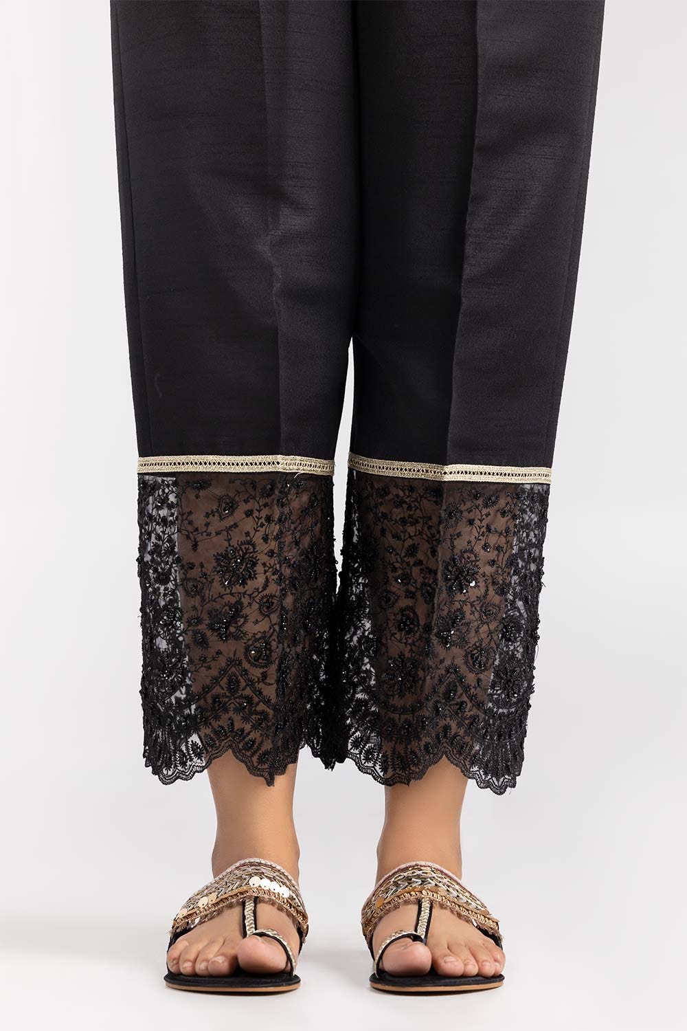 Black Raw Silk Embroidered Trousers