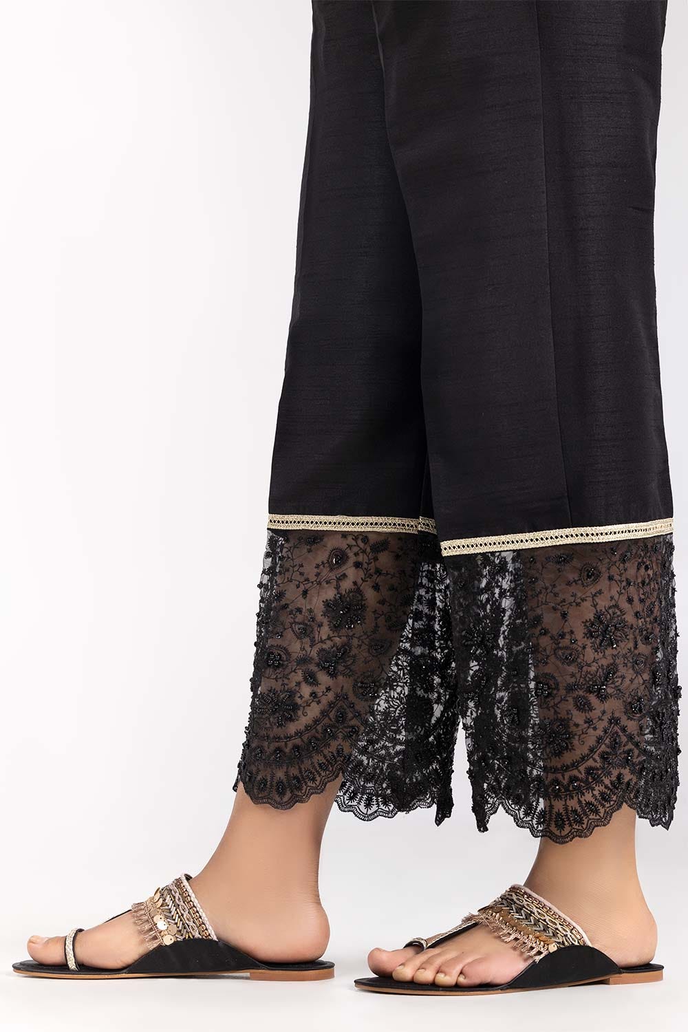 Black Raw Silk Embroidered Trousers