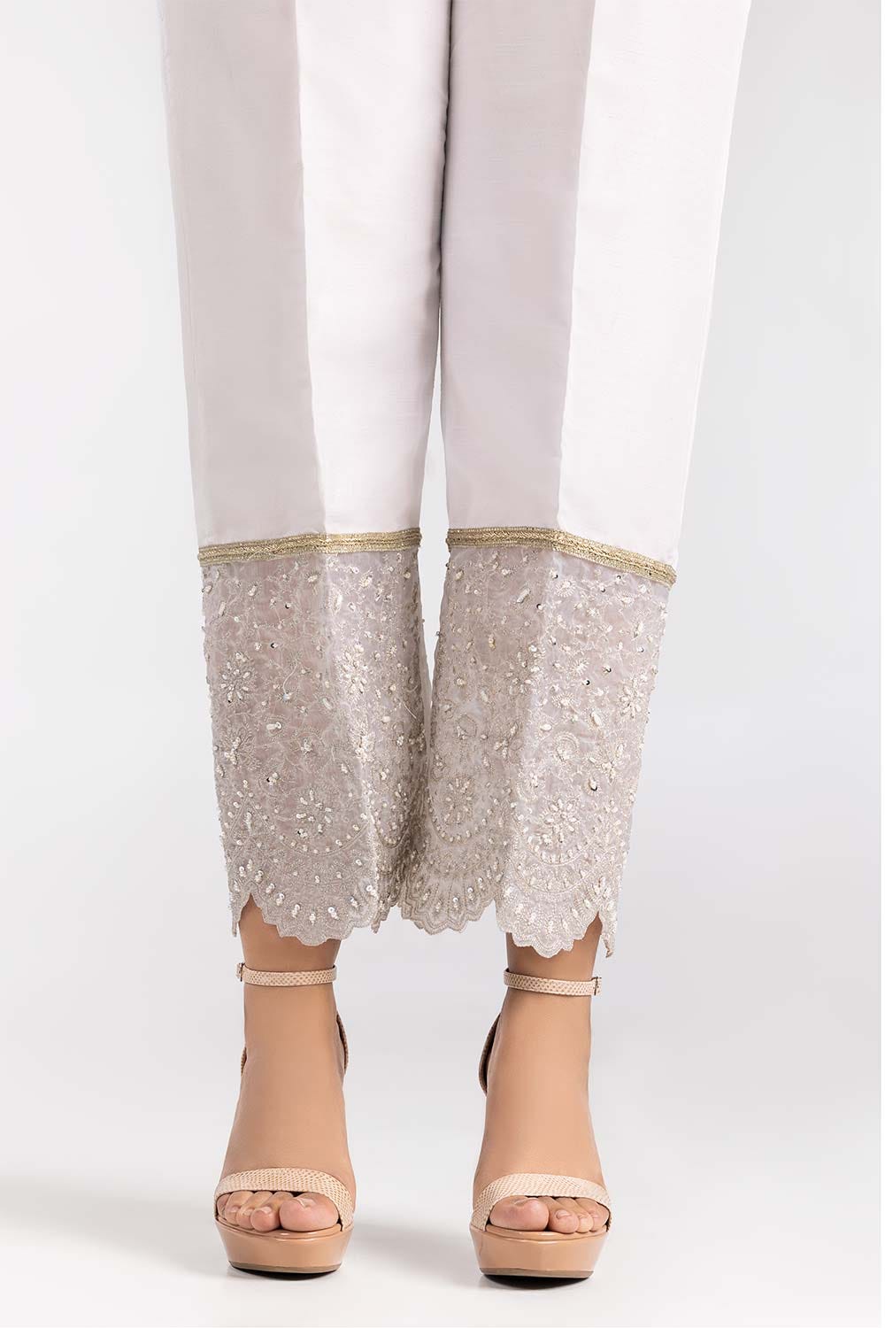 White Raw Silk Embroidered Trousers