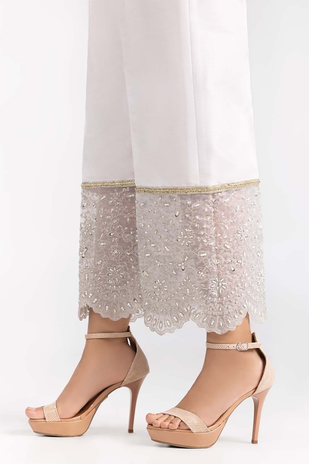 White Raw Silk Embroidered Trousers