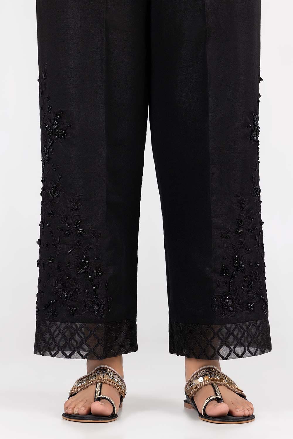 Black Raw Silk Embroidered Trousers
