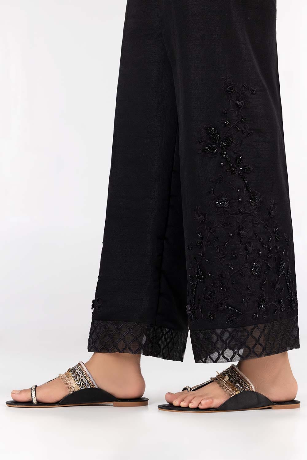 Black Raw Silk Embroidered Trousers