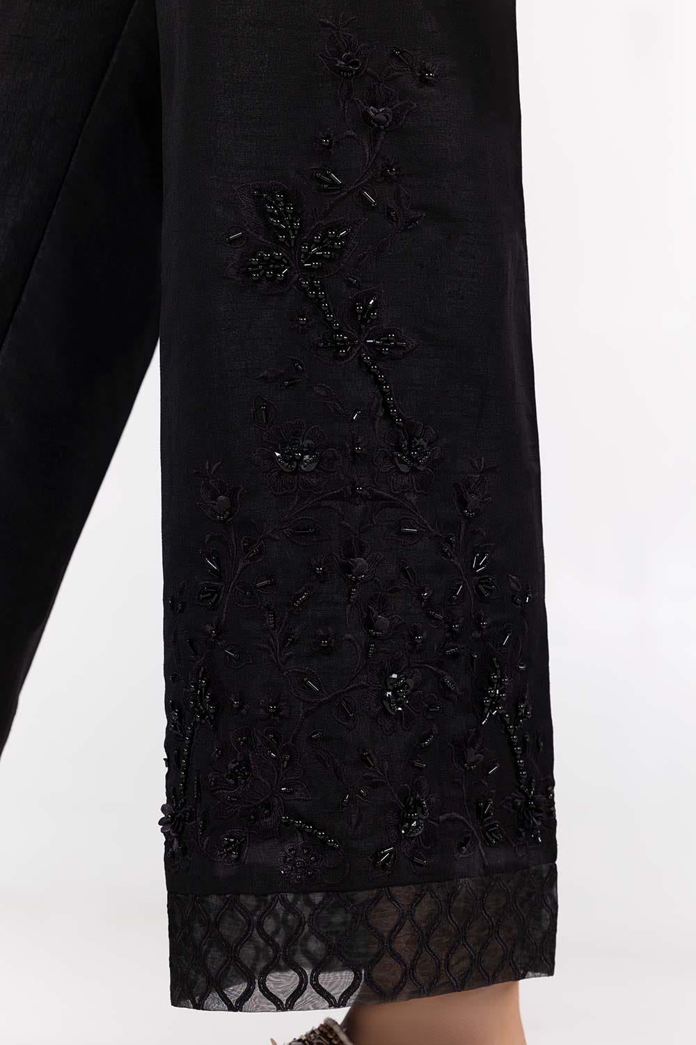 Black Raw Silk Embroidered Trousers