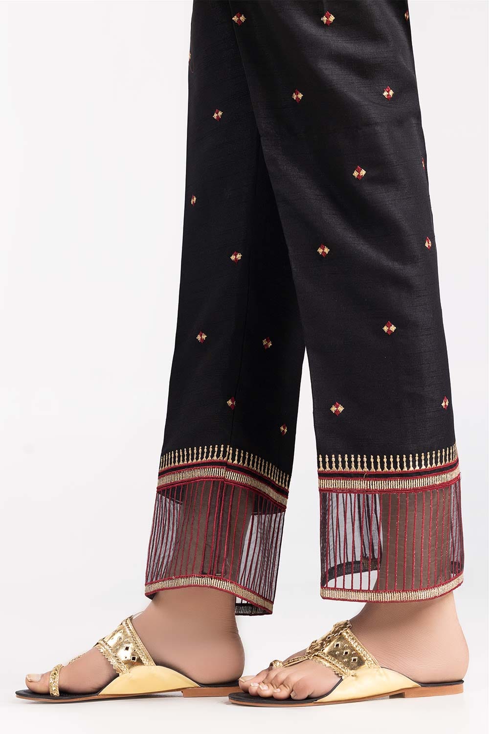 Black Embroidered Raw Silk Trousers