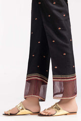 Black Embroidered Raw Silk Trousers