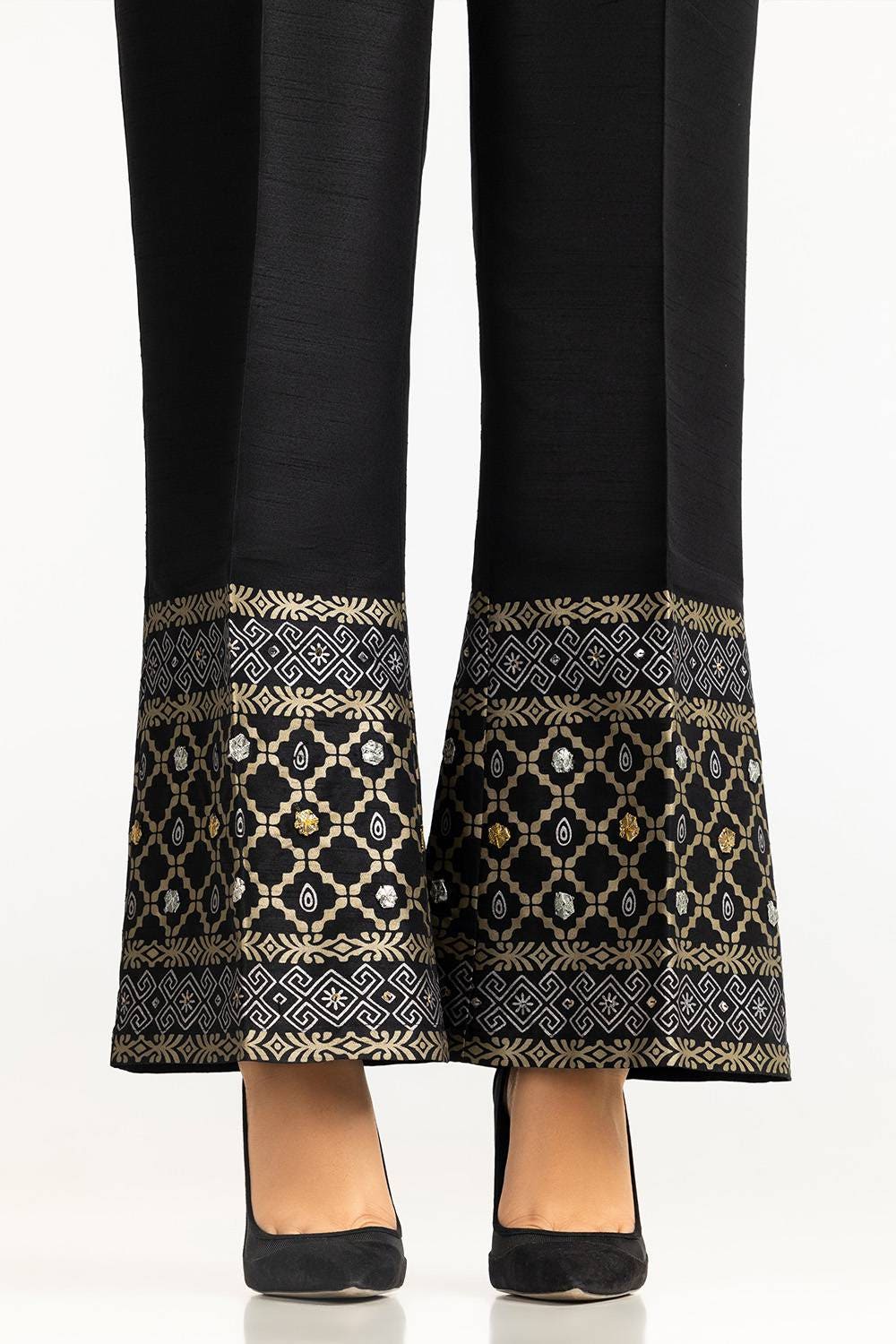 Black Rawsilk Block Printed Trouser