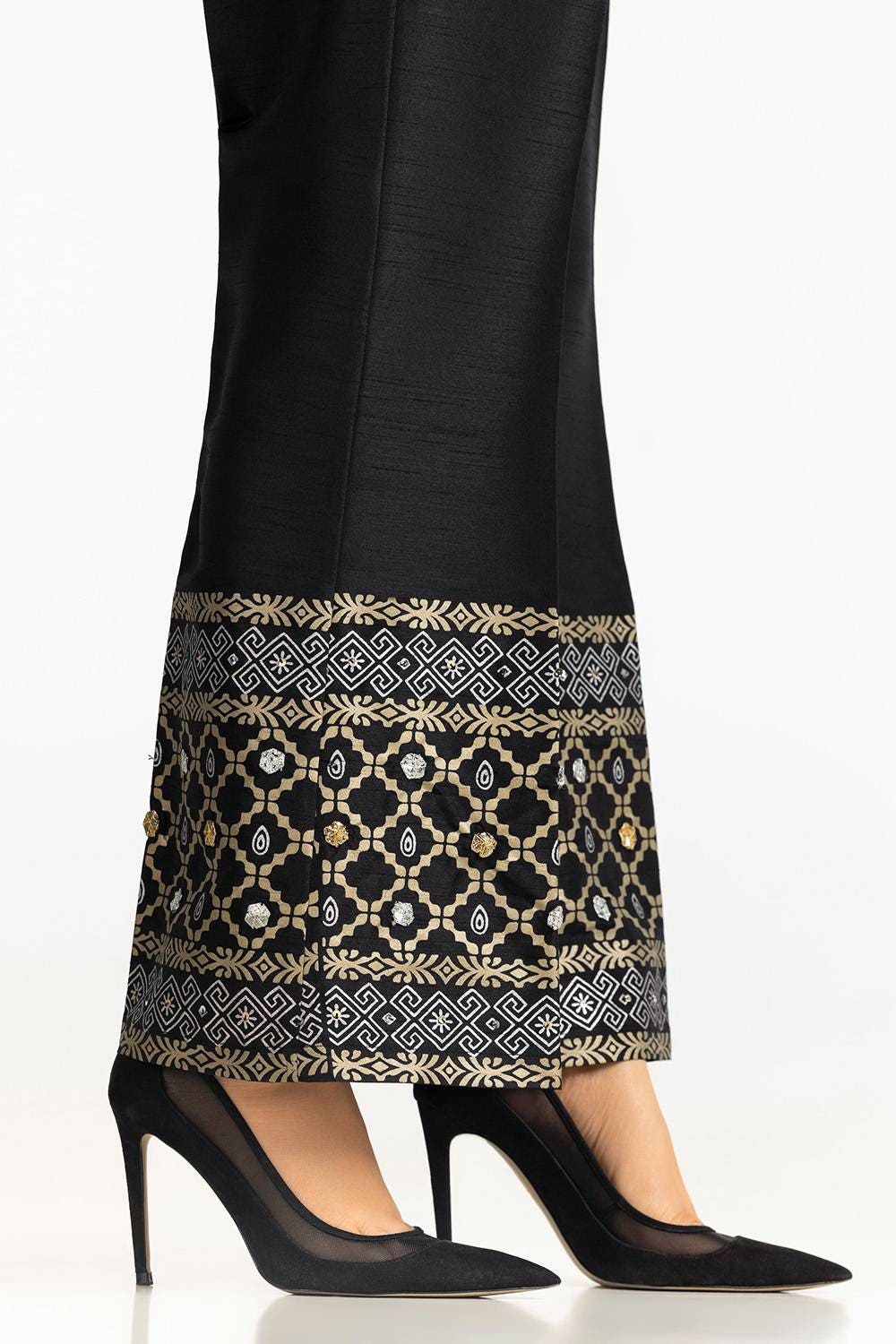 Black Rawsilk Block Printed Trouser
