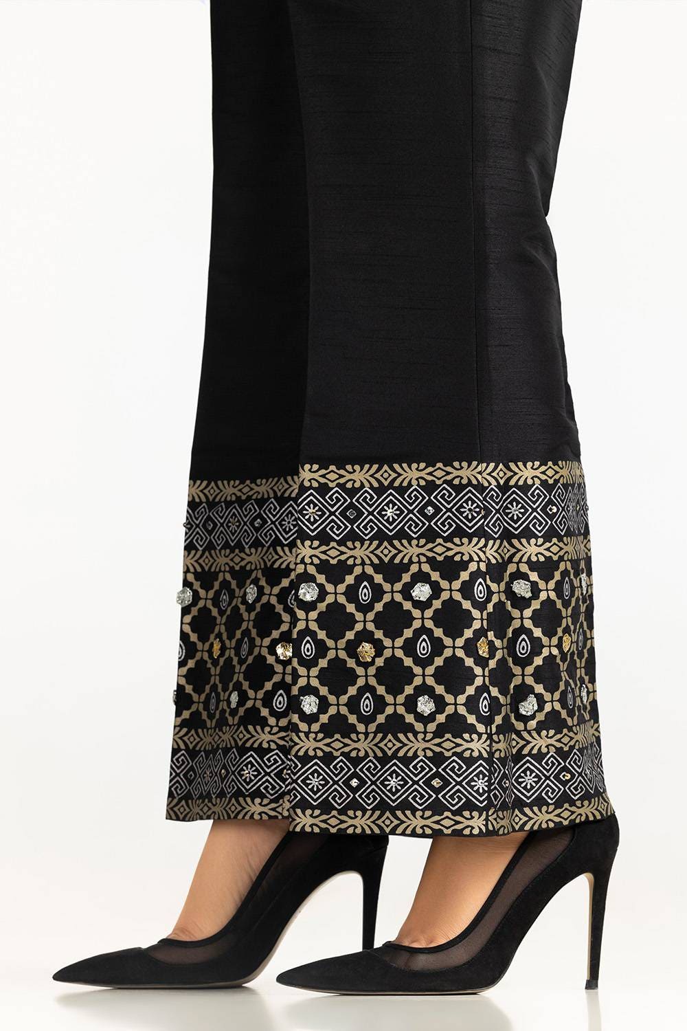 Black Rawsilk Block Printed Trouser