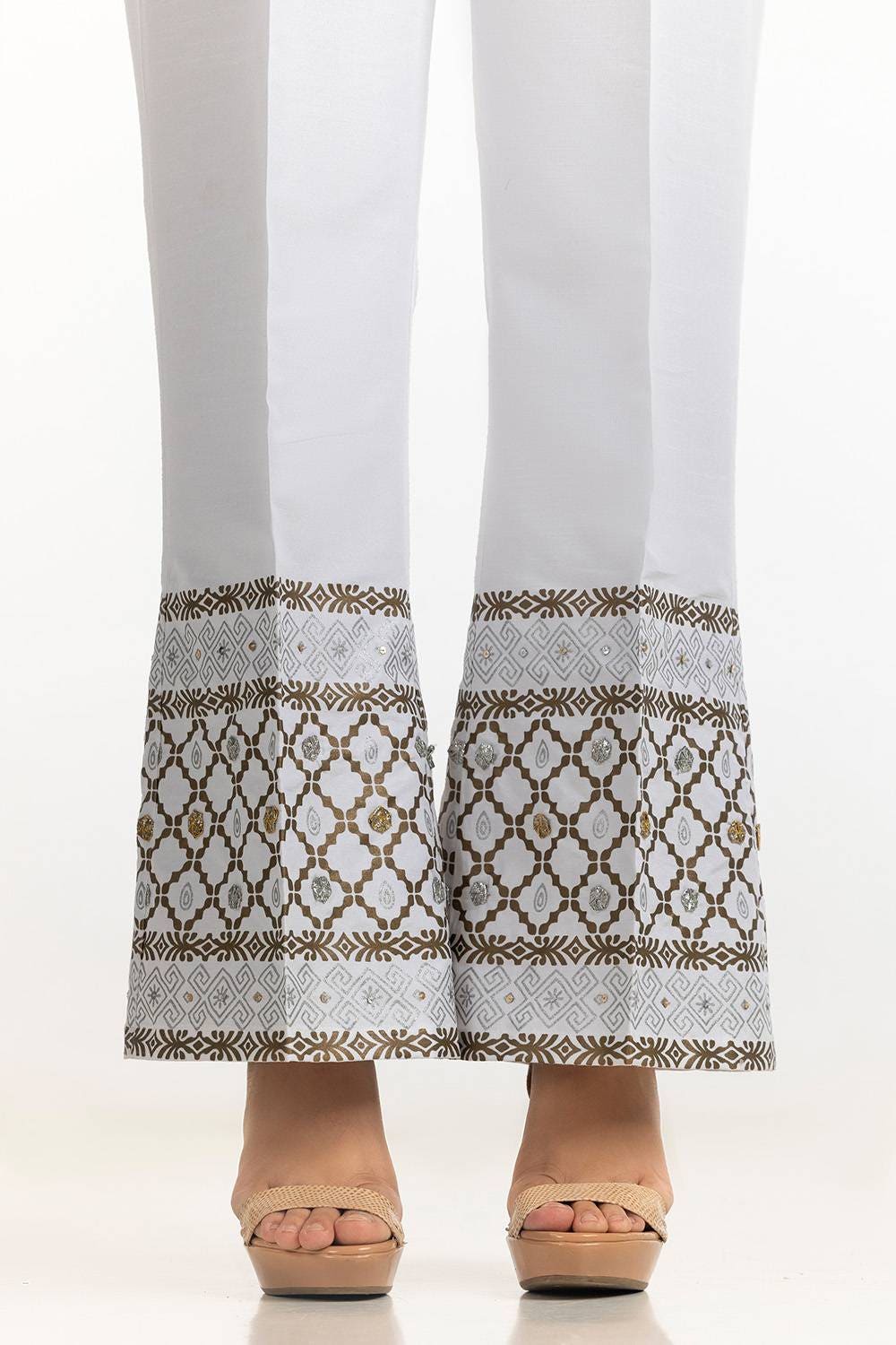 White Rawsilk Block Printed Trouser