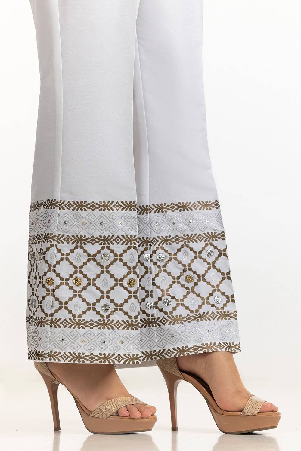 White Rawsilk Block Printed Trouser