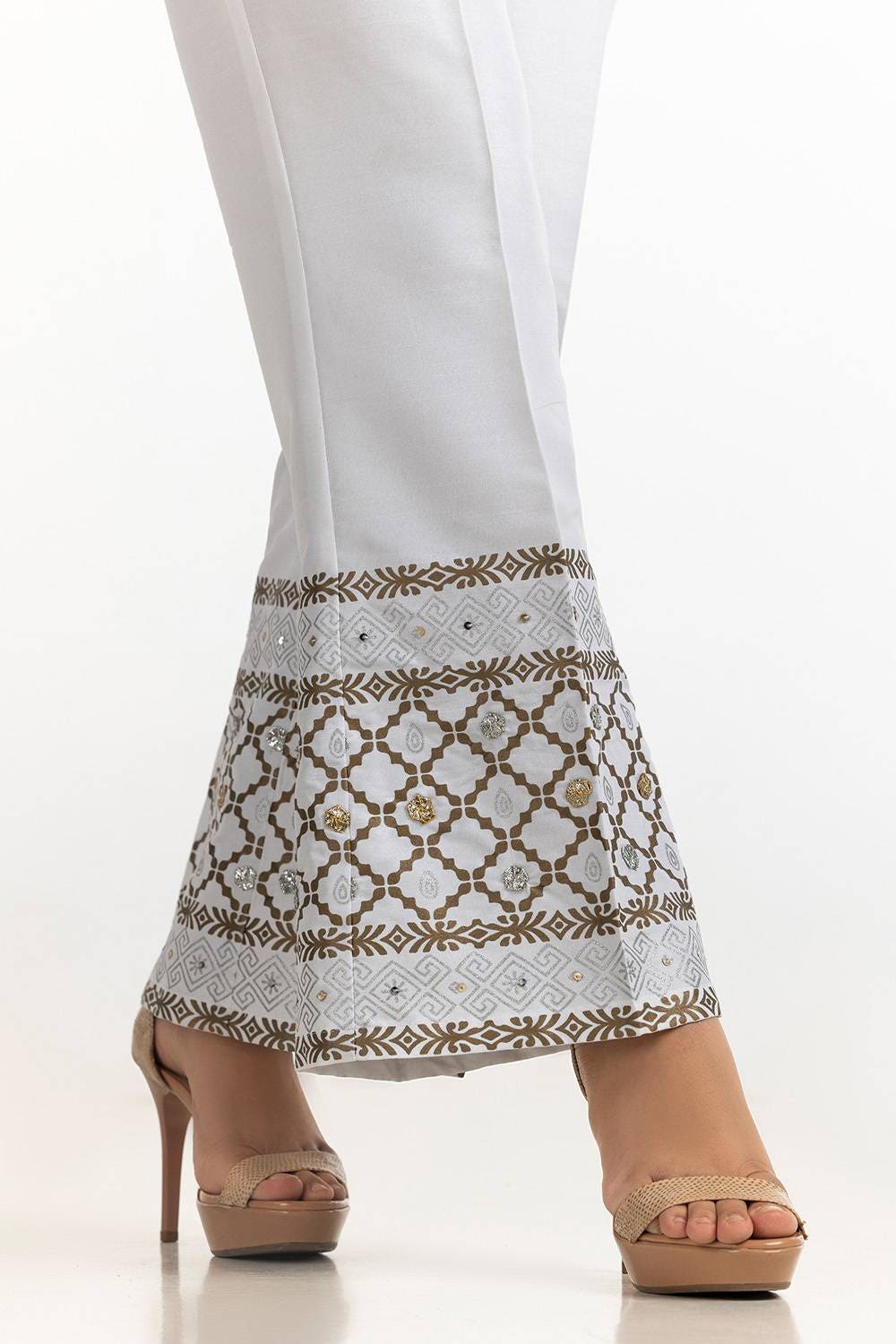 White Rawsilk Block Printed Trouser