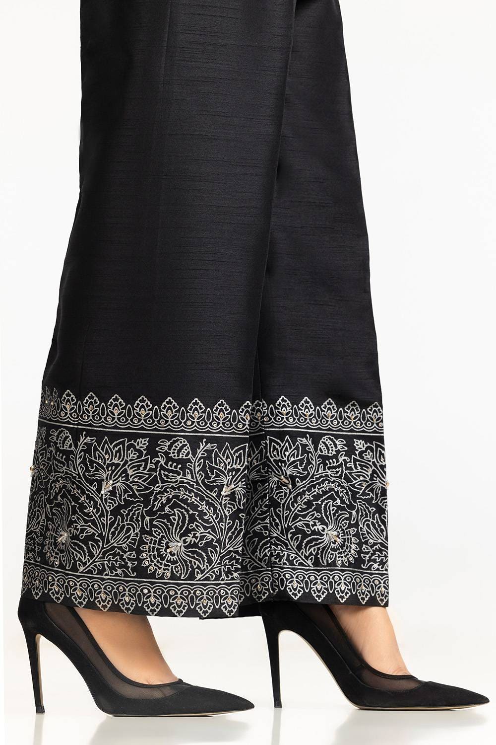 Black Rawsilk Block Printed Trouser