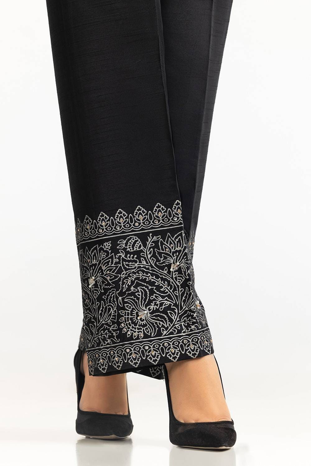 Black Rawsilk Block Printed Trouser