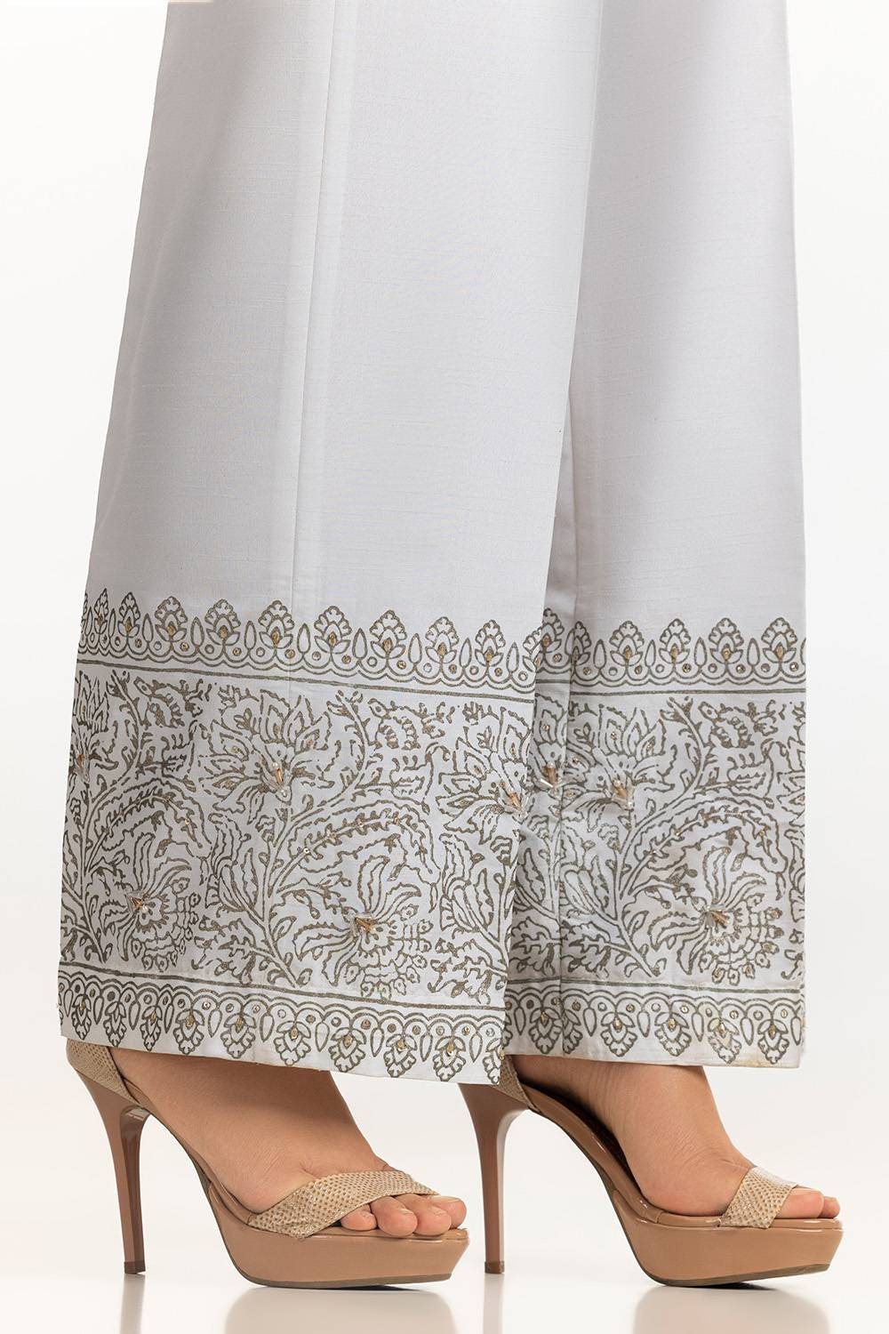 White Rawsilk Block Printed Trouser