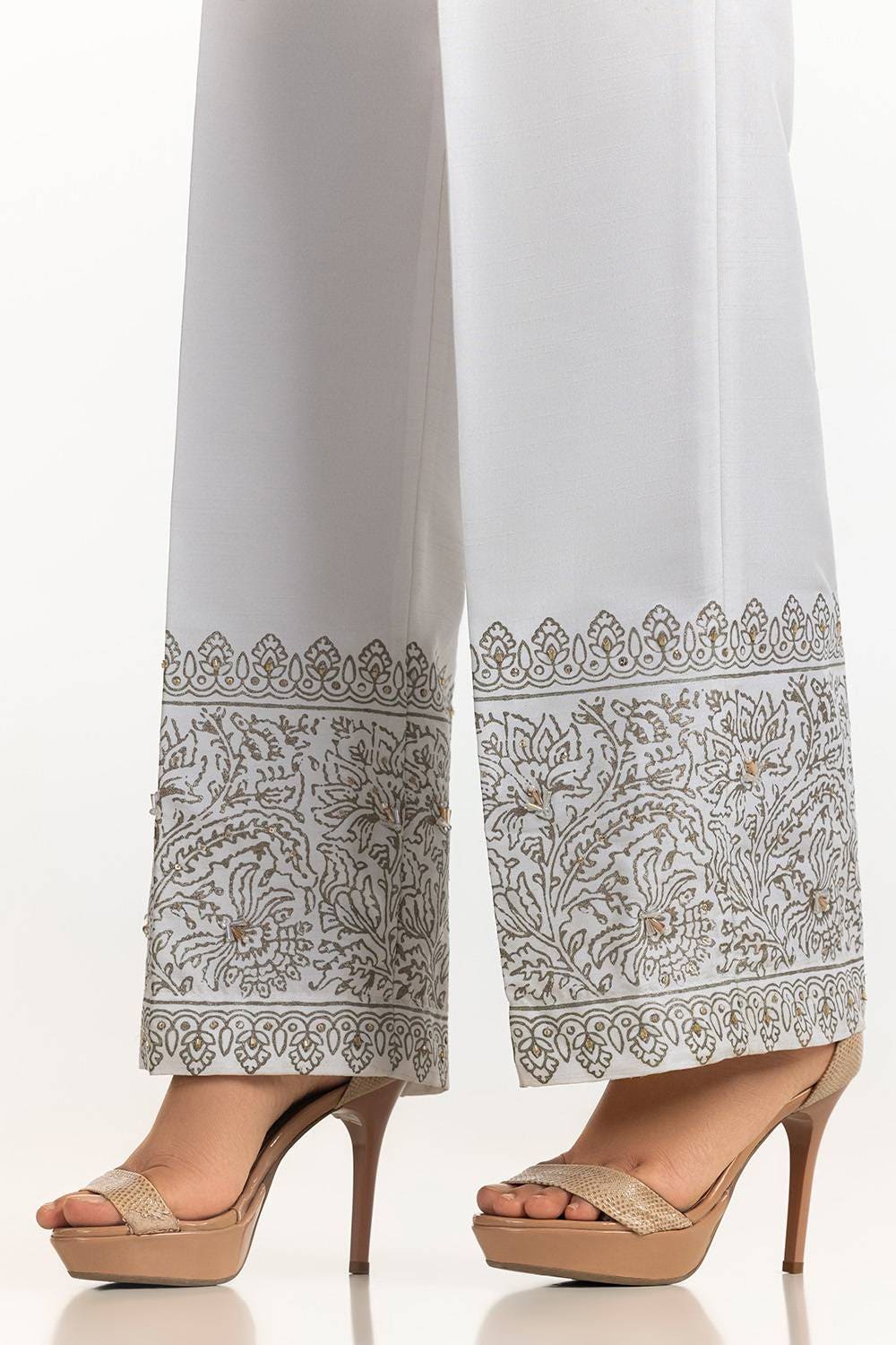 White Rawsilk Block Printed Trouser