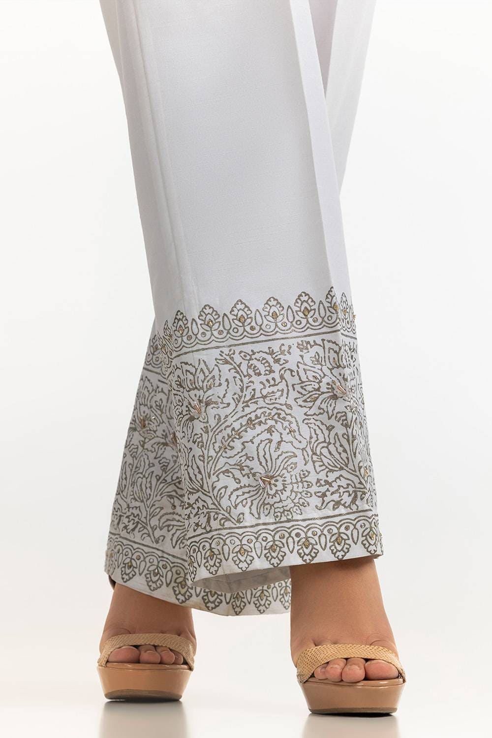 White Rawsilk Block Printed Trouser