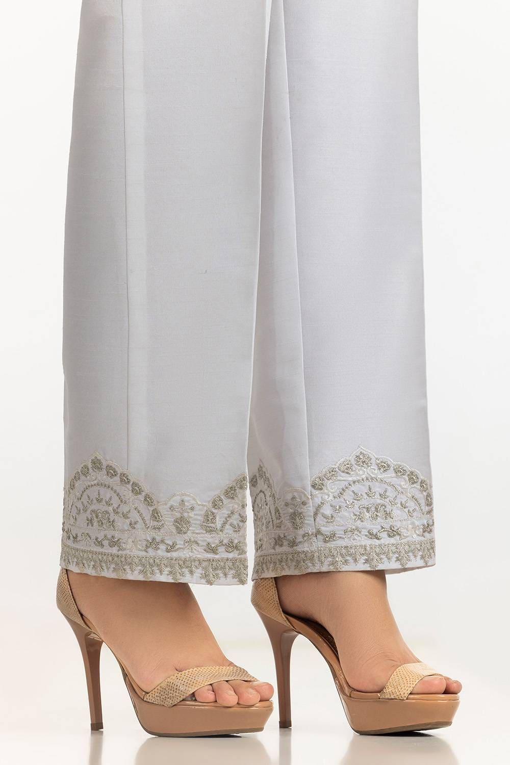 White Rawsilk Embroidered Trouser
