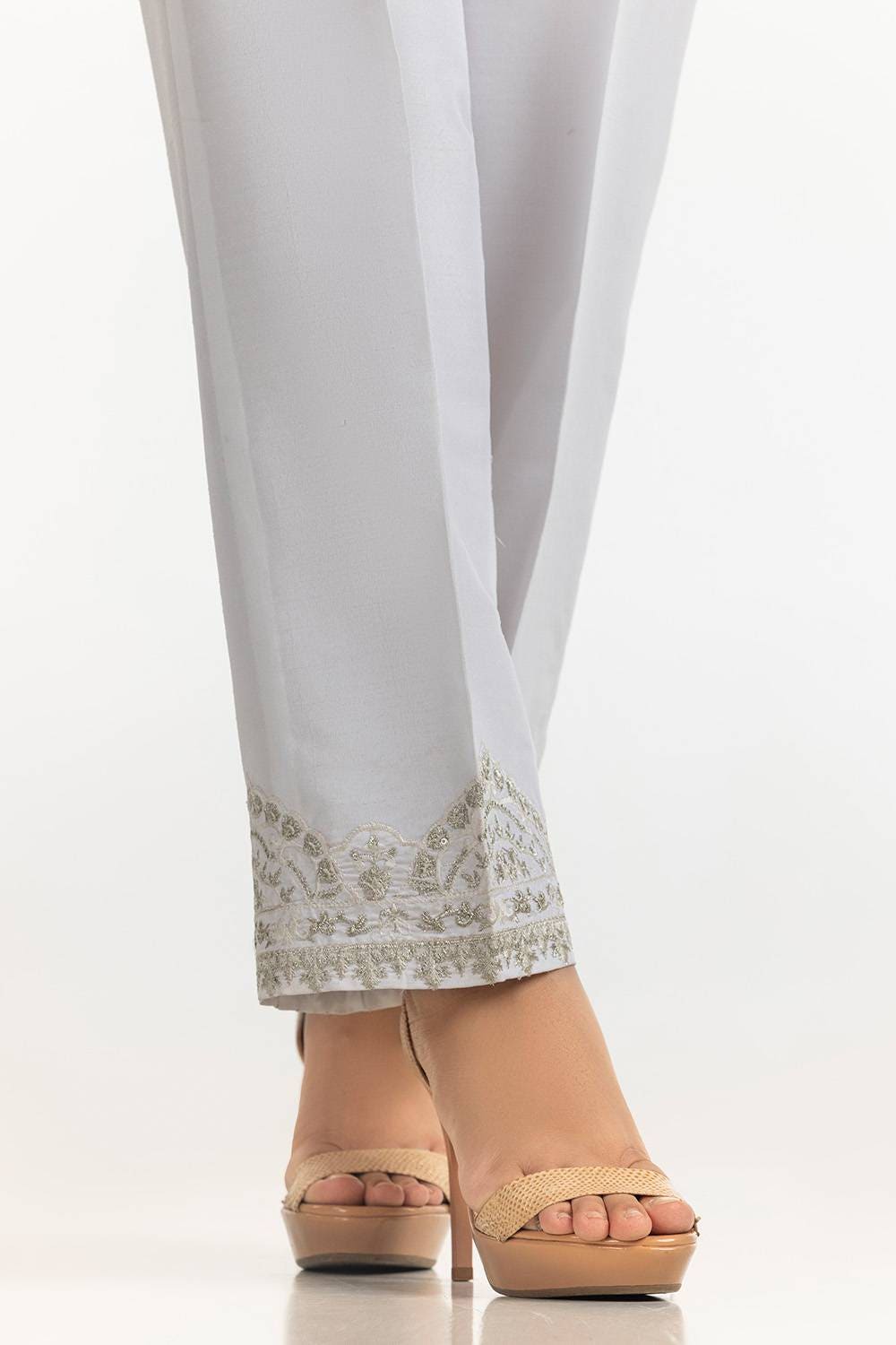 White Rawsilk Embroidered Trouser
