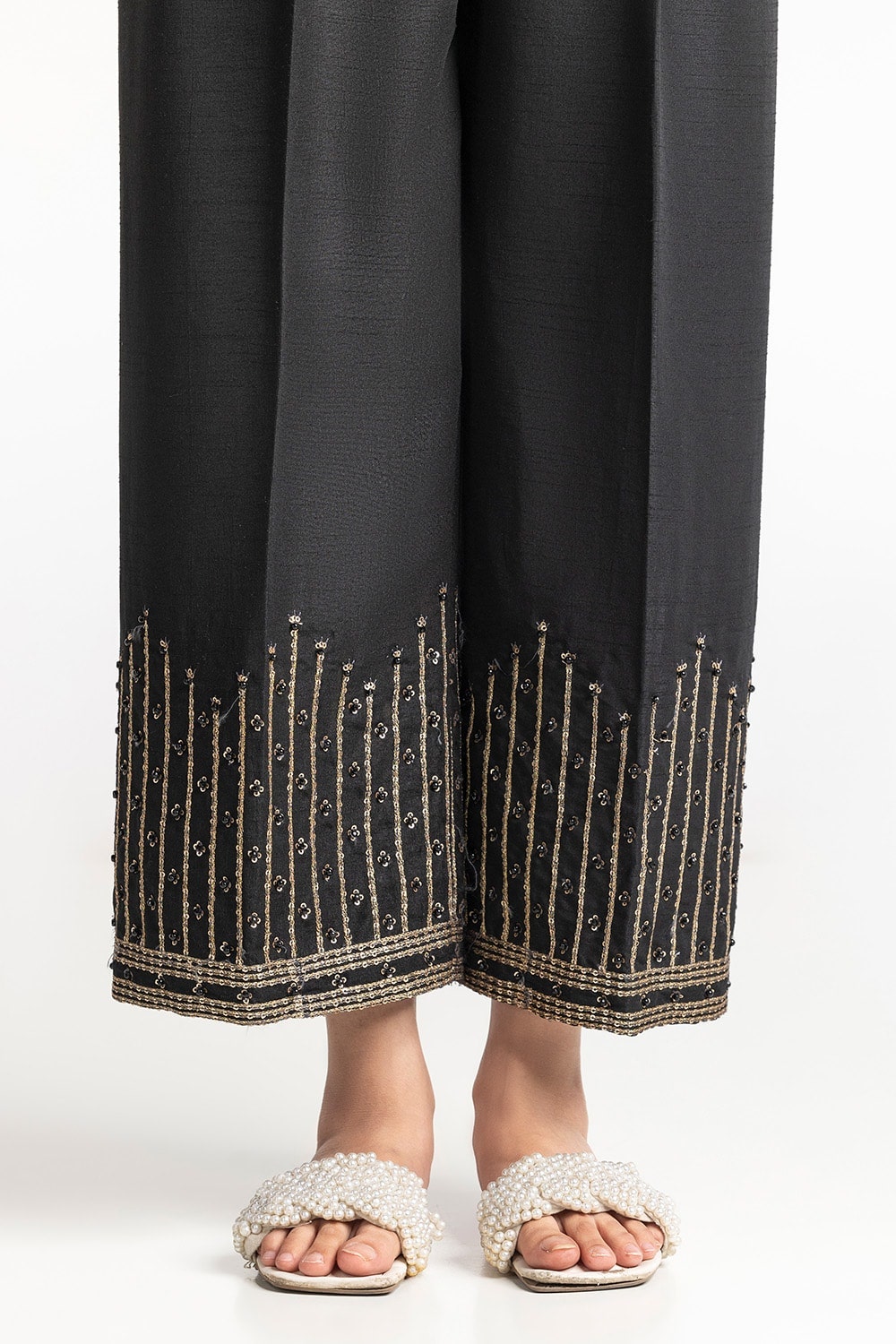 Black Rawsilk Embroidered Trouser