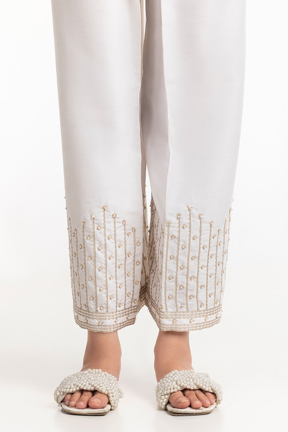 White Rawsilk Embroidered Trouser