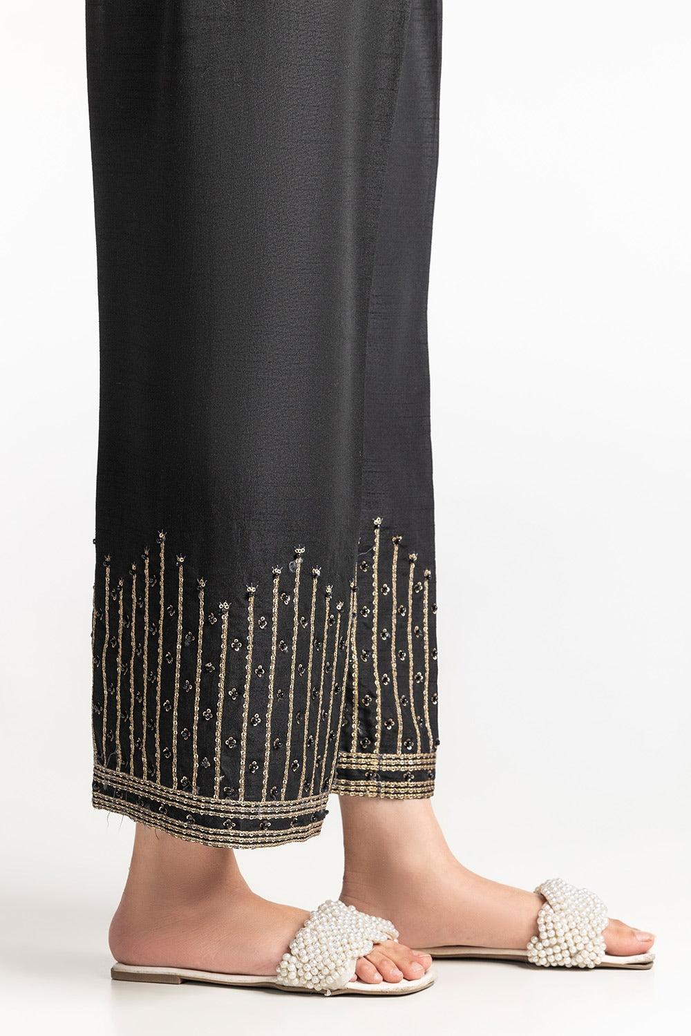 Black Rawsilk Embroidered Trouser