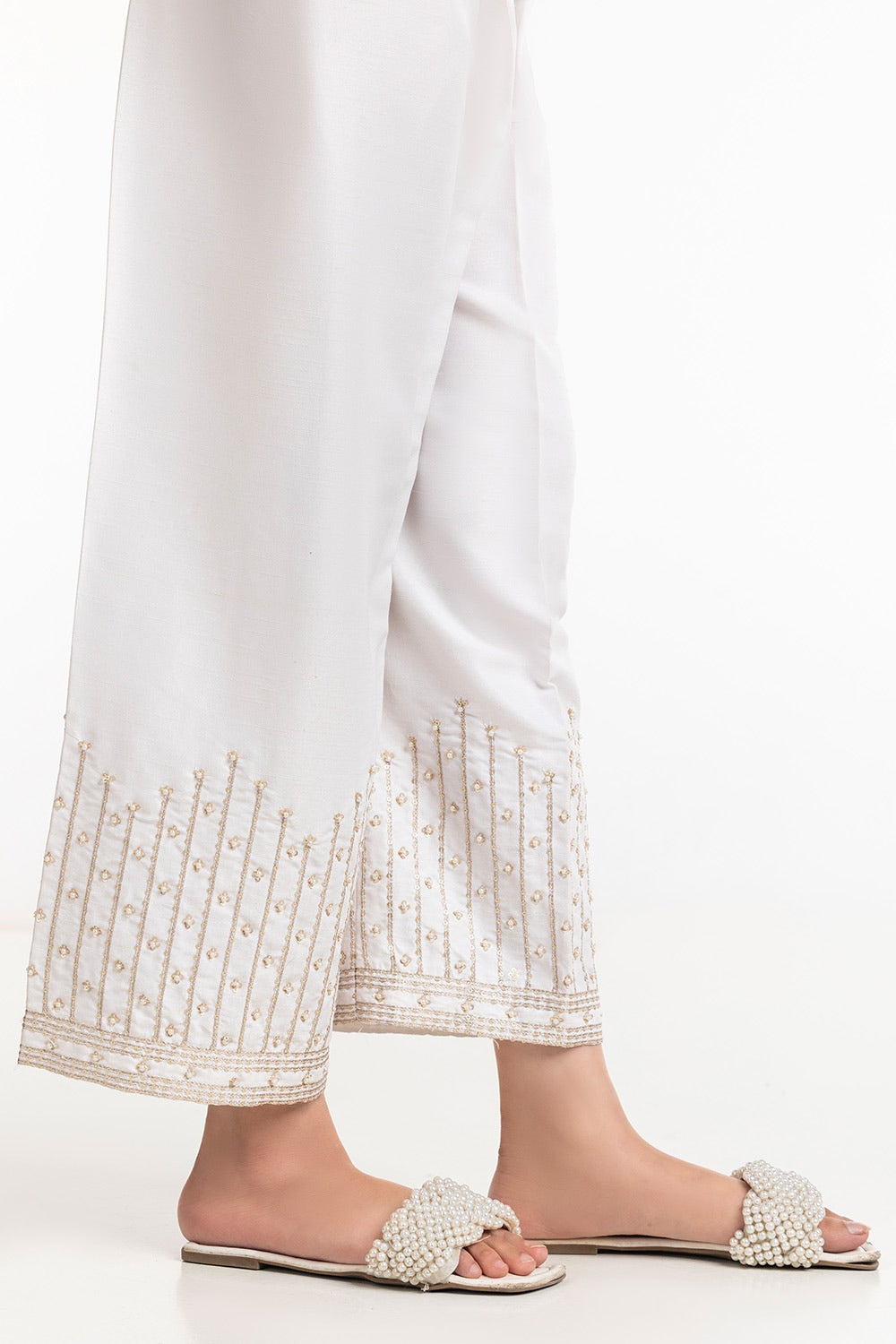 White Rawsilk Embroidered Trouser