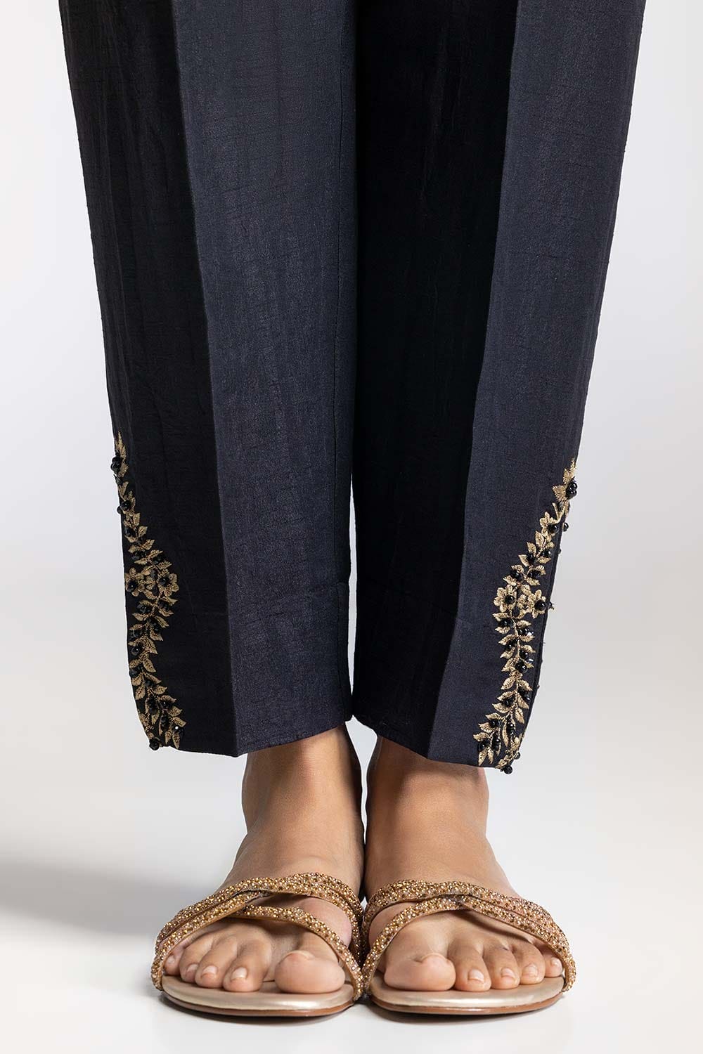Black Dyed Embroidered Rawsilk Trouser