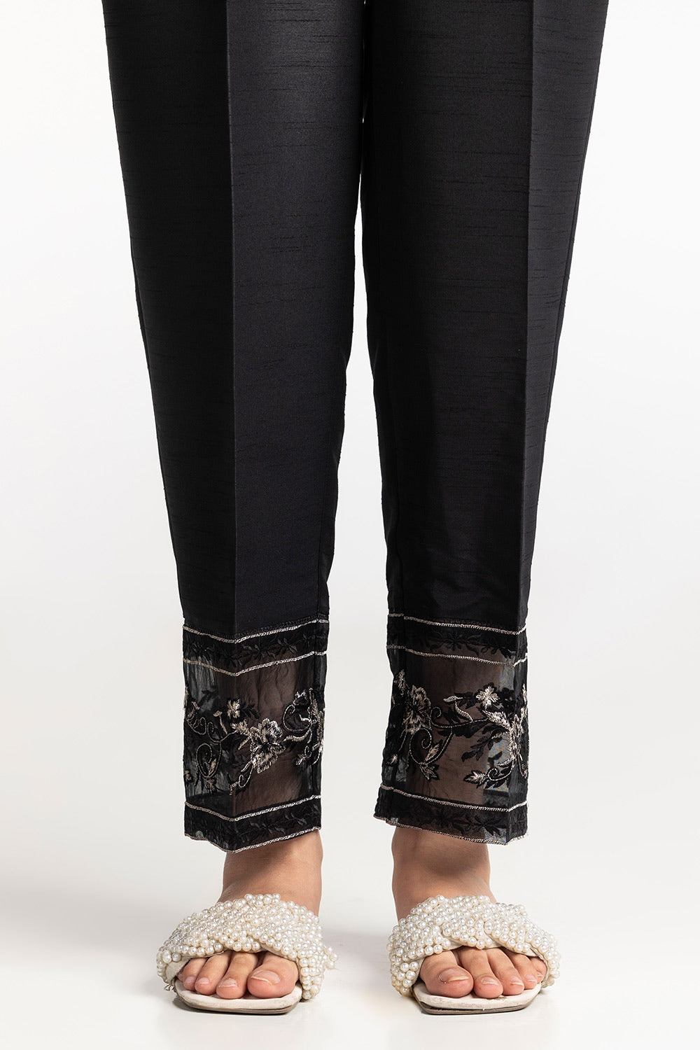 Black Rawsilk Embroidered Trouser