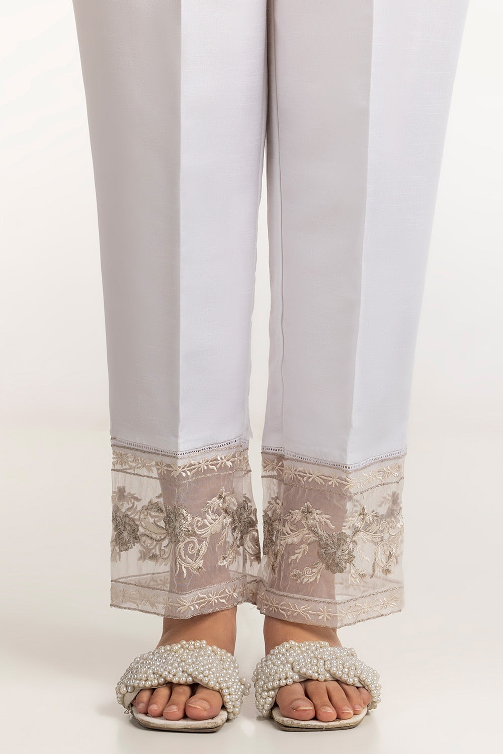 White Rawsilk Embroidered Trouser